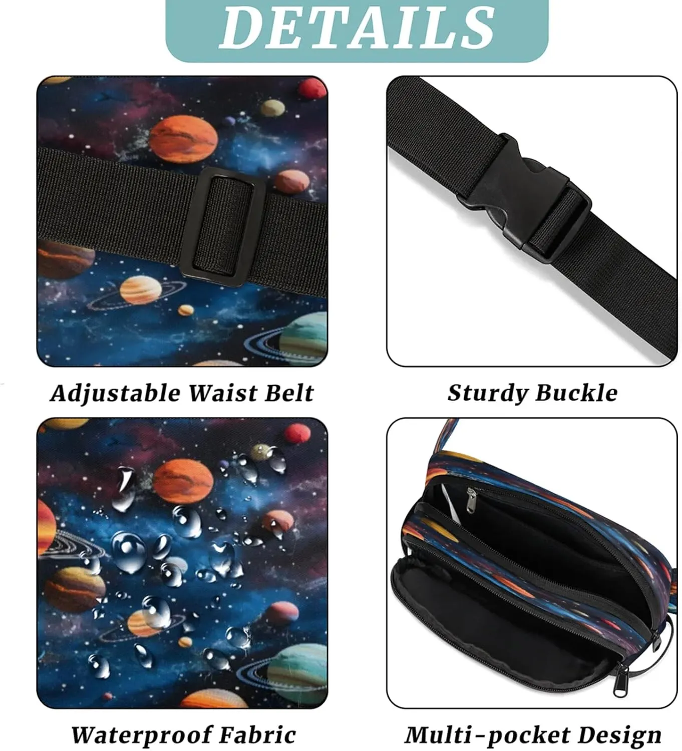 Galactic Wonders Waterproof Unisex Square Fanny Pack, Adjustable Waist Bag with Pockets, Sturdy Lightweight Crossbody Bag for Travel, Running, Hiking (9x6.1x2.5 Inches)