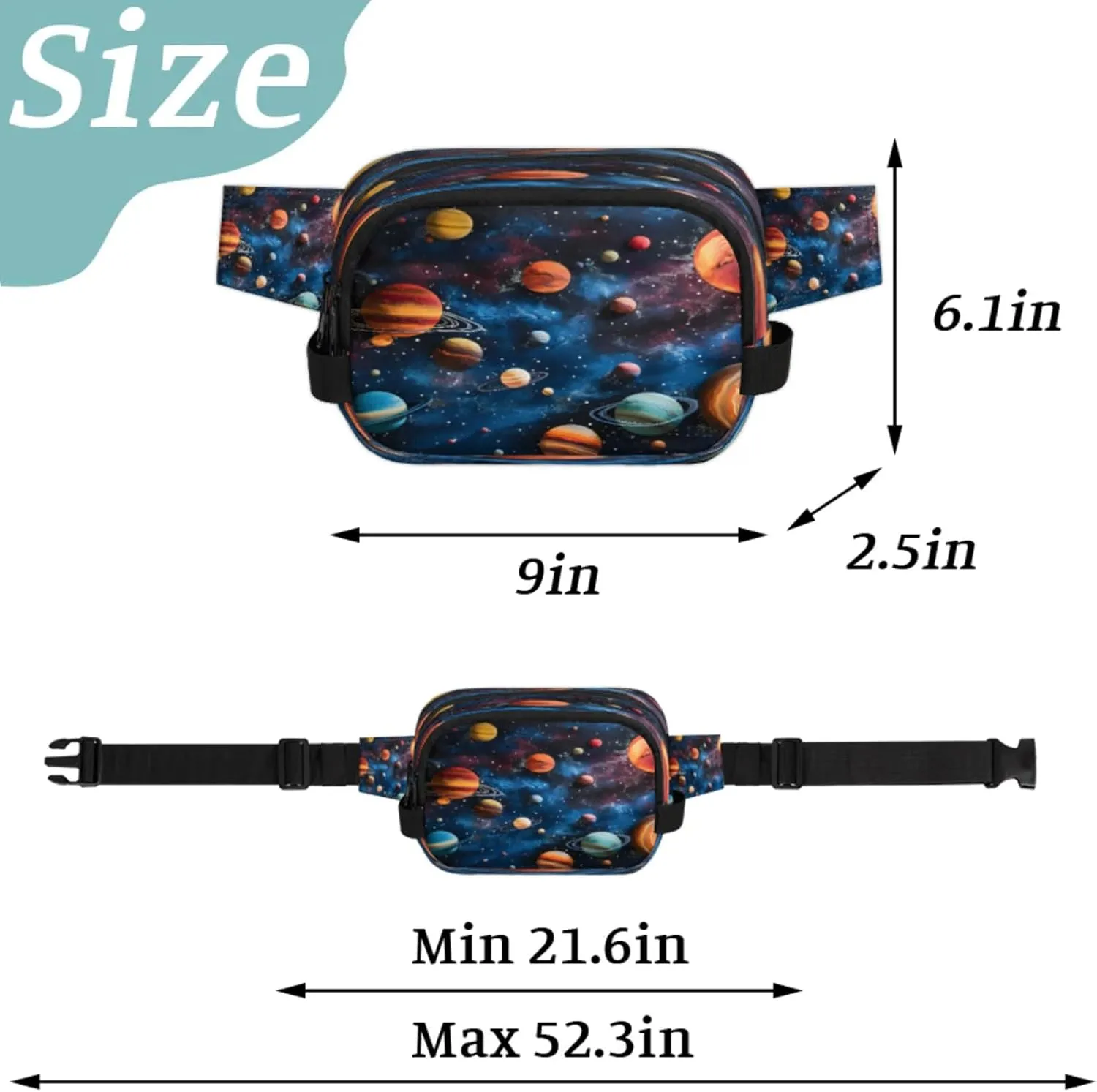 Galactic Wonders Waterproof Unisex Square Fanny Pack, Adjustable Waist Bag with Pockets, Sturdy Lightweight Crossbody Bag for Travel, Running, Hiking (9x6.1x2.5 Inches)
