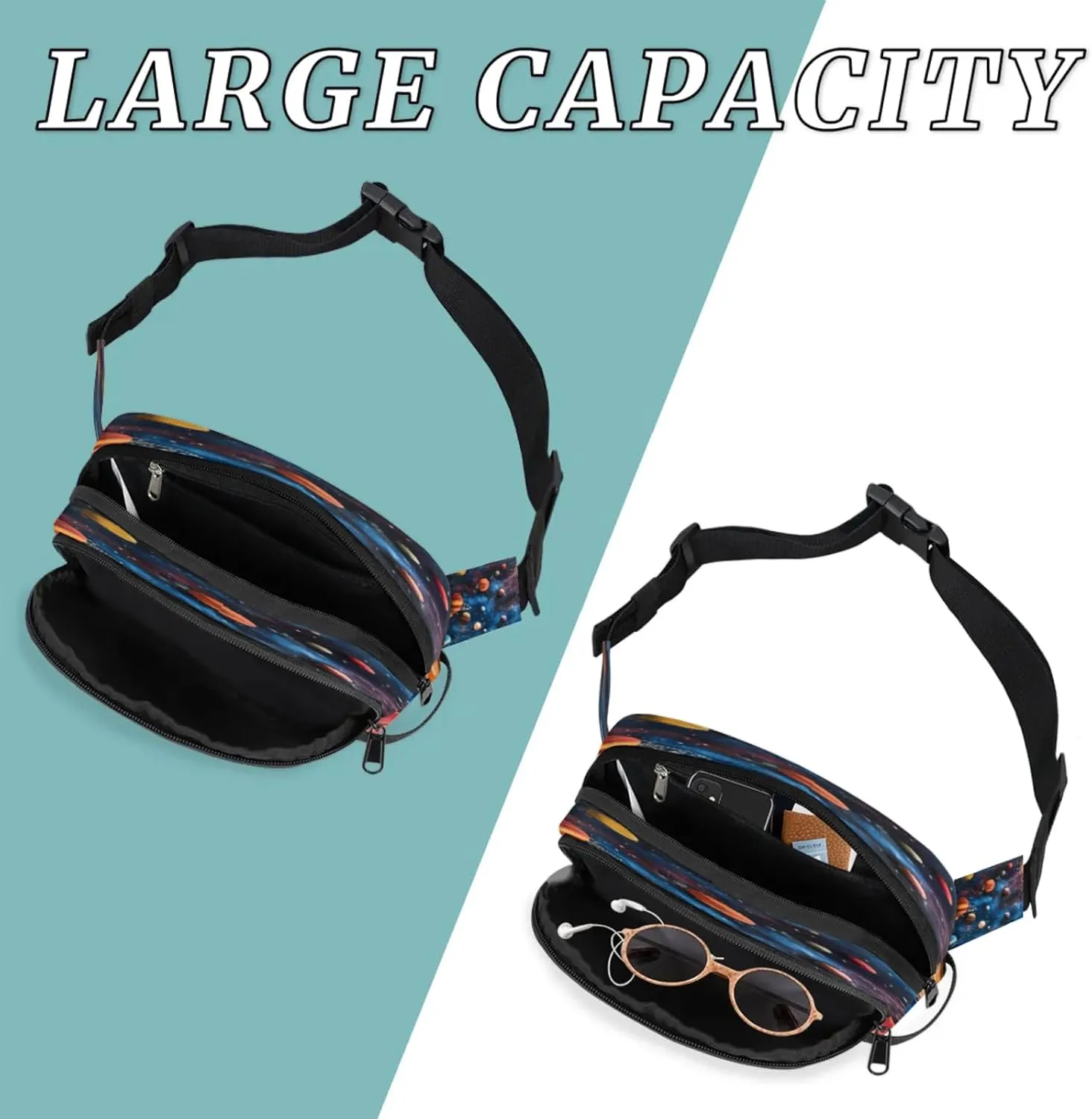 Galactic Wonders Waterproof Unisex Square Fanny Pack, Adjustable Waist Bag with Pockets, Sturdy Lightweight Crossbody Bag for Travel, Running, Hiking (9x6.1x2.5 Inches)