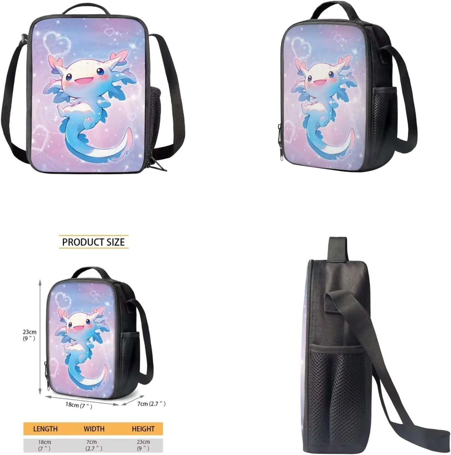 Galaxy Axolotl Backpack for Girls Kids Bookbag with Lunch Box Water Bottle Pouch, and Pencil Case for Boys 4 PCS Junior High School Bag With Front Pocket for 5th Grade Kids