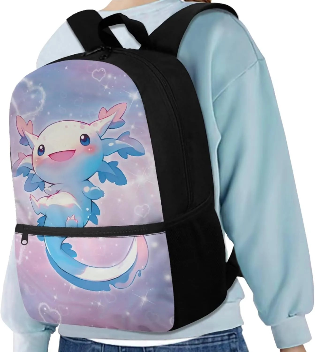 Galaxy Axolotl Backpack for Girls Kids Bookbag with Lunch Box Water Bottle Pouch, and Pencil Case for Boys 4 PCS Junior High School Bag With Front Pocket for 5th Grade Kids