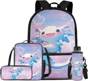 Galaxy Axolotl Backpack for Girls Kids Bookbag with Lunch Box Water Bottle Pouch, and Pencil Case for Boys 4 PCS Junior High School Bag With Front Pocket for 5th Grade Kids