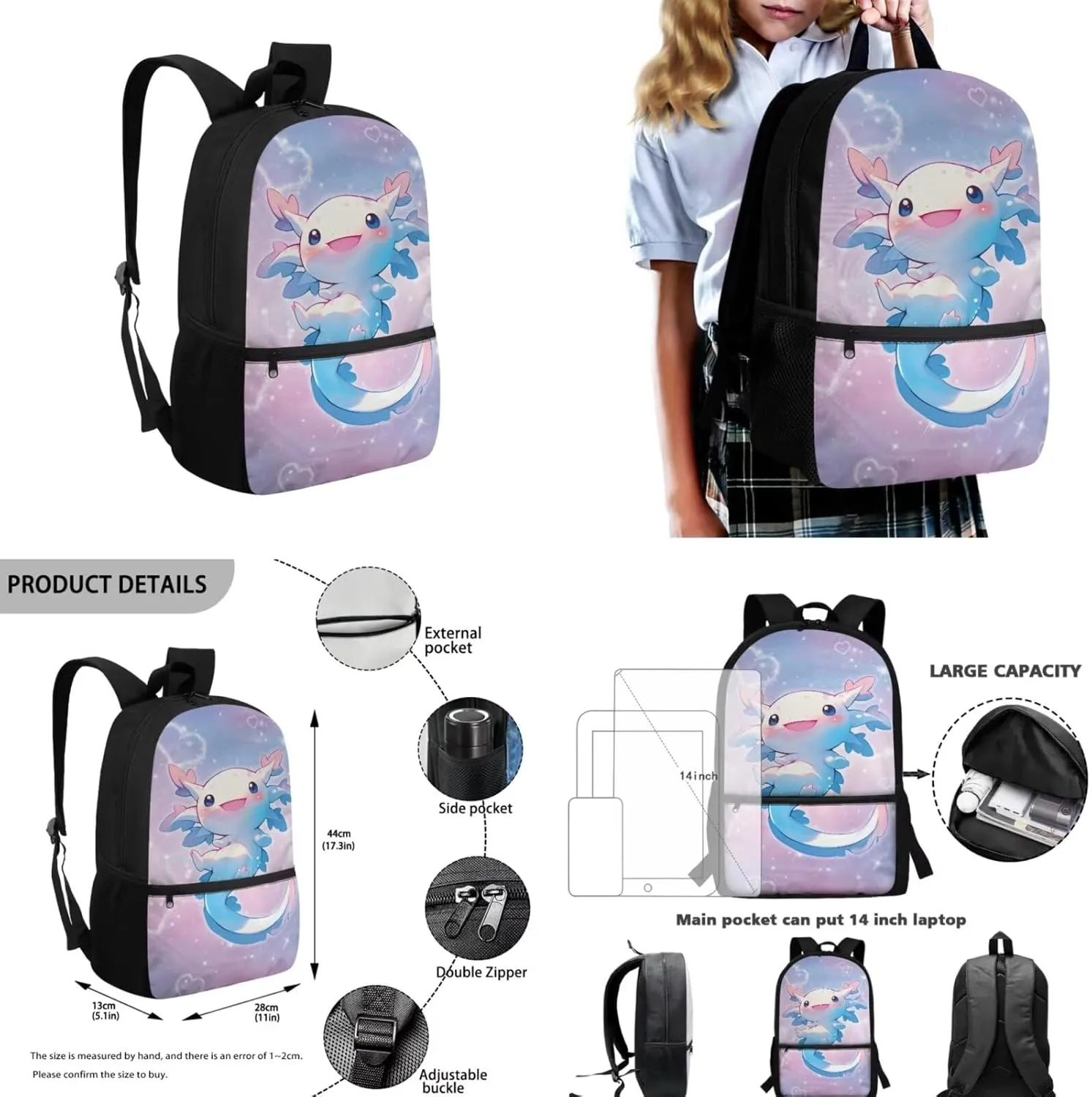 Galaxy Axolotl Backpack for Girls Kids Bookbag with Lunch Box Water Bottle Pouch, and Pencil Case for Boys 4 PCS Junior High School Bag With Front Pocket for 5th Grade Kids