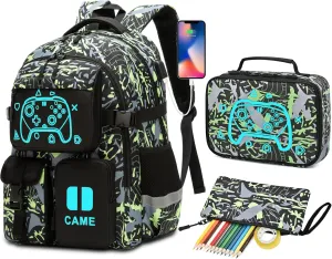 Game Kids Backpack Set, Large Boys Backpack with Lunch Bag & Pencil Case, Waterproof School Backpacks With USB Charging Port, Luminous Camo Bookbags Fits 15.6" Laptop For Boy Age 6-18, Green
