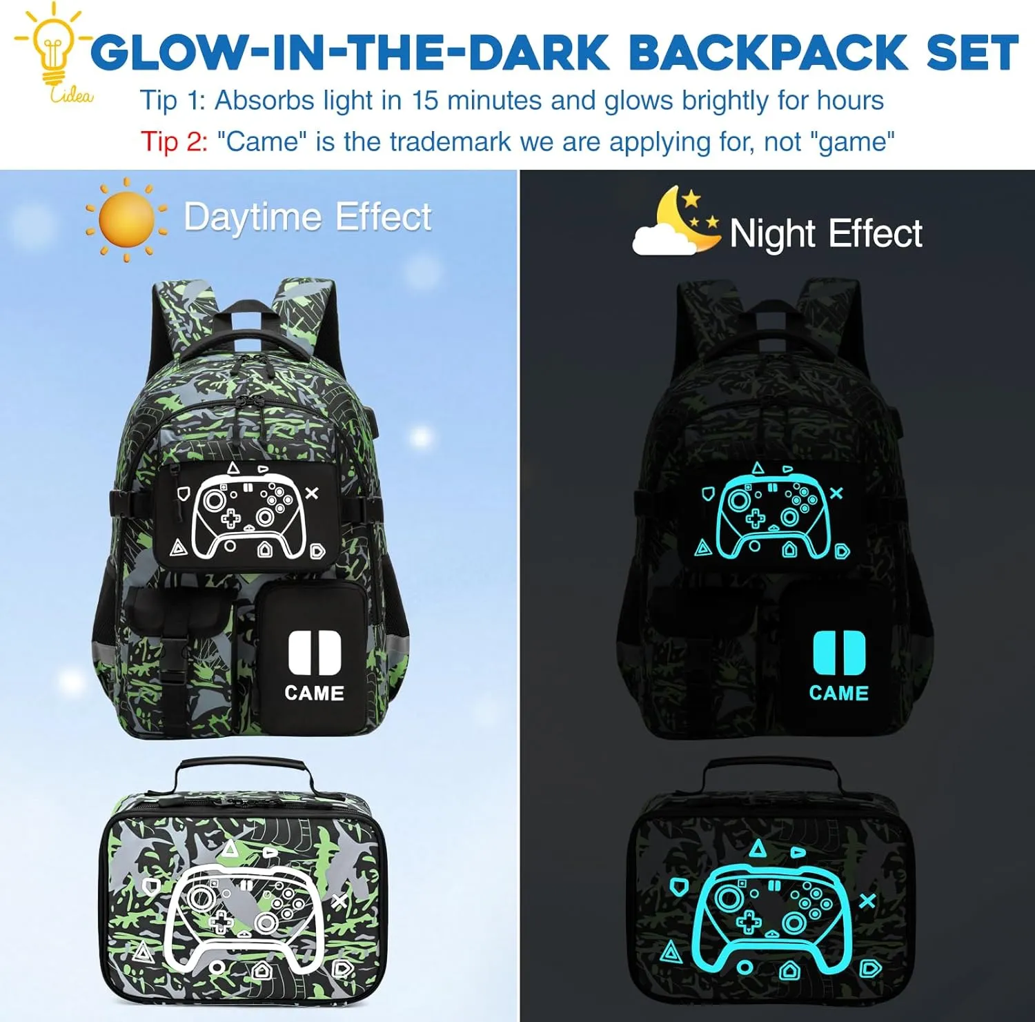 Game Kids Backpack Set, Large Boys Backpack with Lunch Bag & Pencil Case, Waterproof School Backpacks With USB Charging Port, Luminous Camo Bookbags Fits 15.6" Laptop For Boy Age 6-18, Green