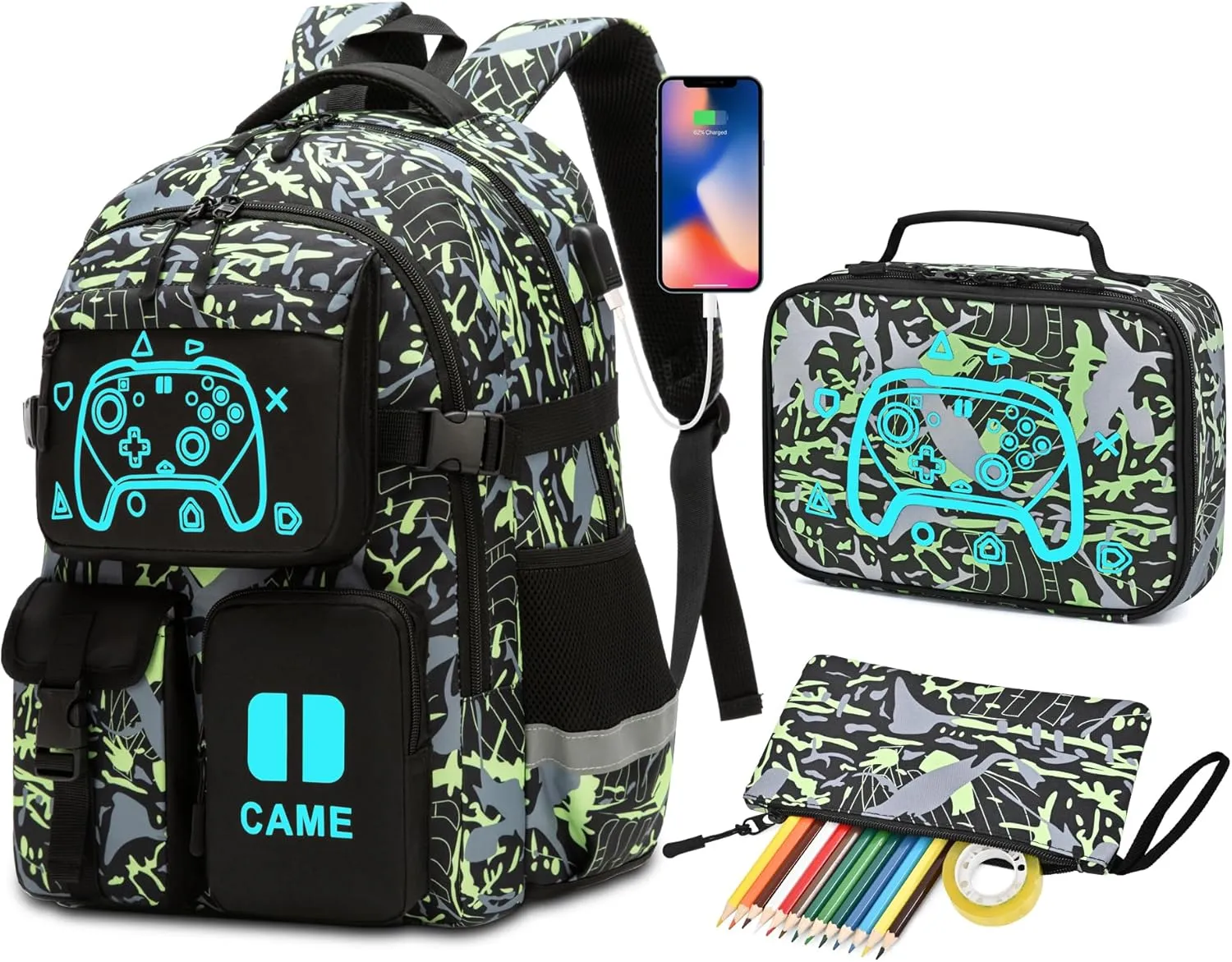 Game Kids Backpack Set, Large Boys Backpack with Lunch Bag & Pencil Case, Waterproof School Backpacks With USB Charging Port, Luminous Camo Bookbags Fits 15.6" Laptop For Boy Age 6-18, Green