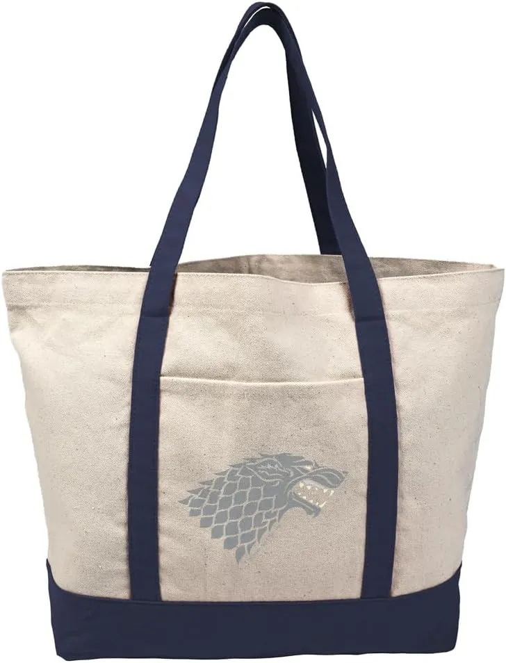 Game of Thrones Stark Sigil Canvas Tote Bag With External Pocket, Reusable Shoulder Bag for Shopping, Beach, Navy