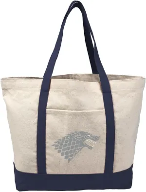Game of Thrones Stark Sigil Canvas Tote Bag With External Pocket, Reusable Shoulder Bag for Shopping, Beach, Navy