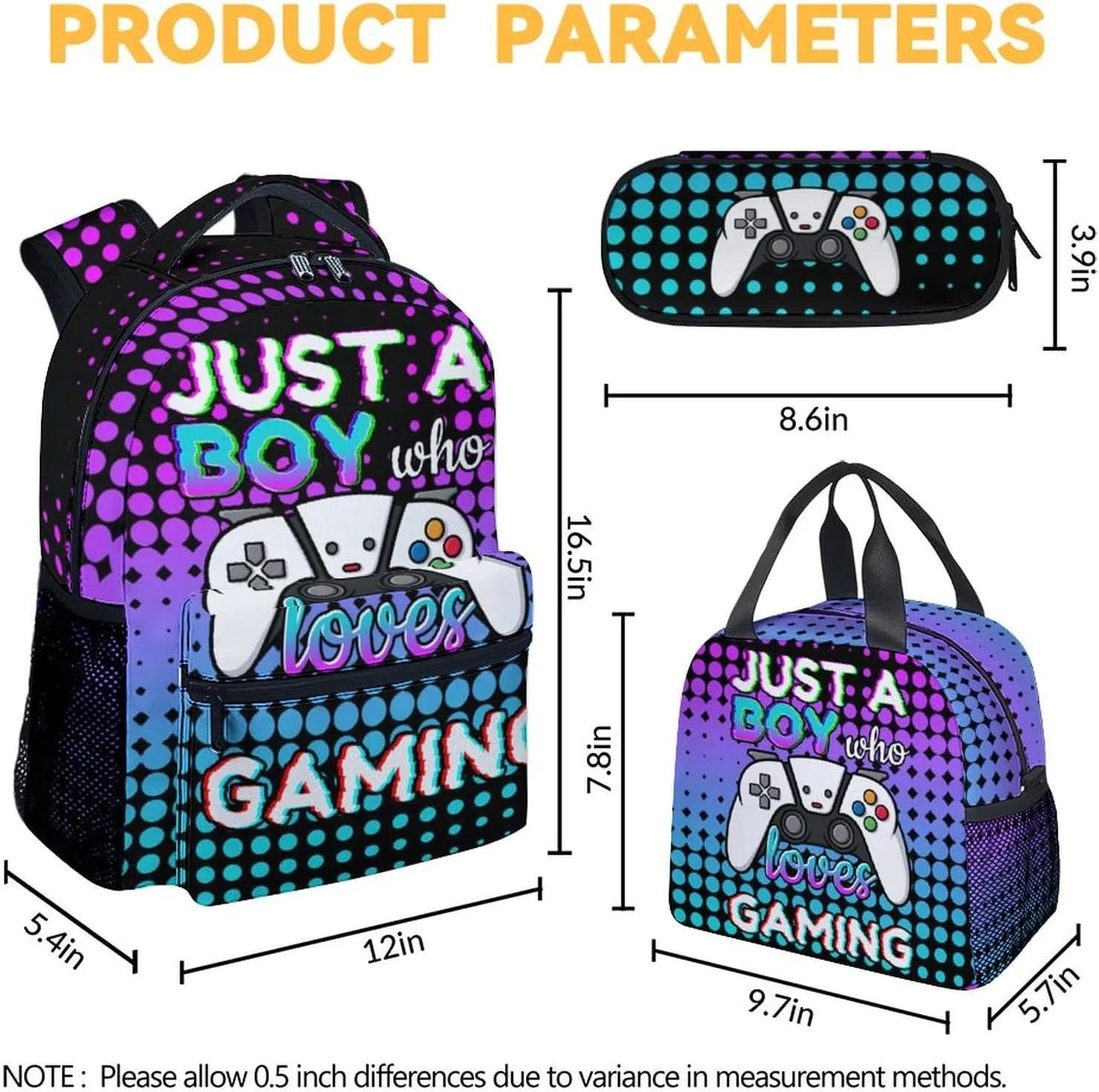 Gamer Backpack with Lunch Box, Set of 3 School Backpacks Matching Combo, Cool Gaming Bookbag and Pencil Case Bundle