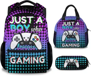 Gamer Backpack with Lunch Box, Set of 3 School Backpacks Matching Combo, Cool Gaming Bookbag and Pencil Case Bundle