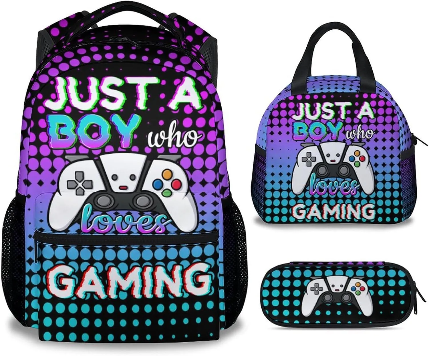 Gamer Backpack with Lunch Box, Set of 3 School Backpacks Matching Combo, Cool Gaming Bookbag and Pencil Case Bundle