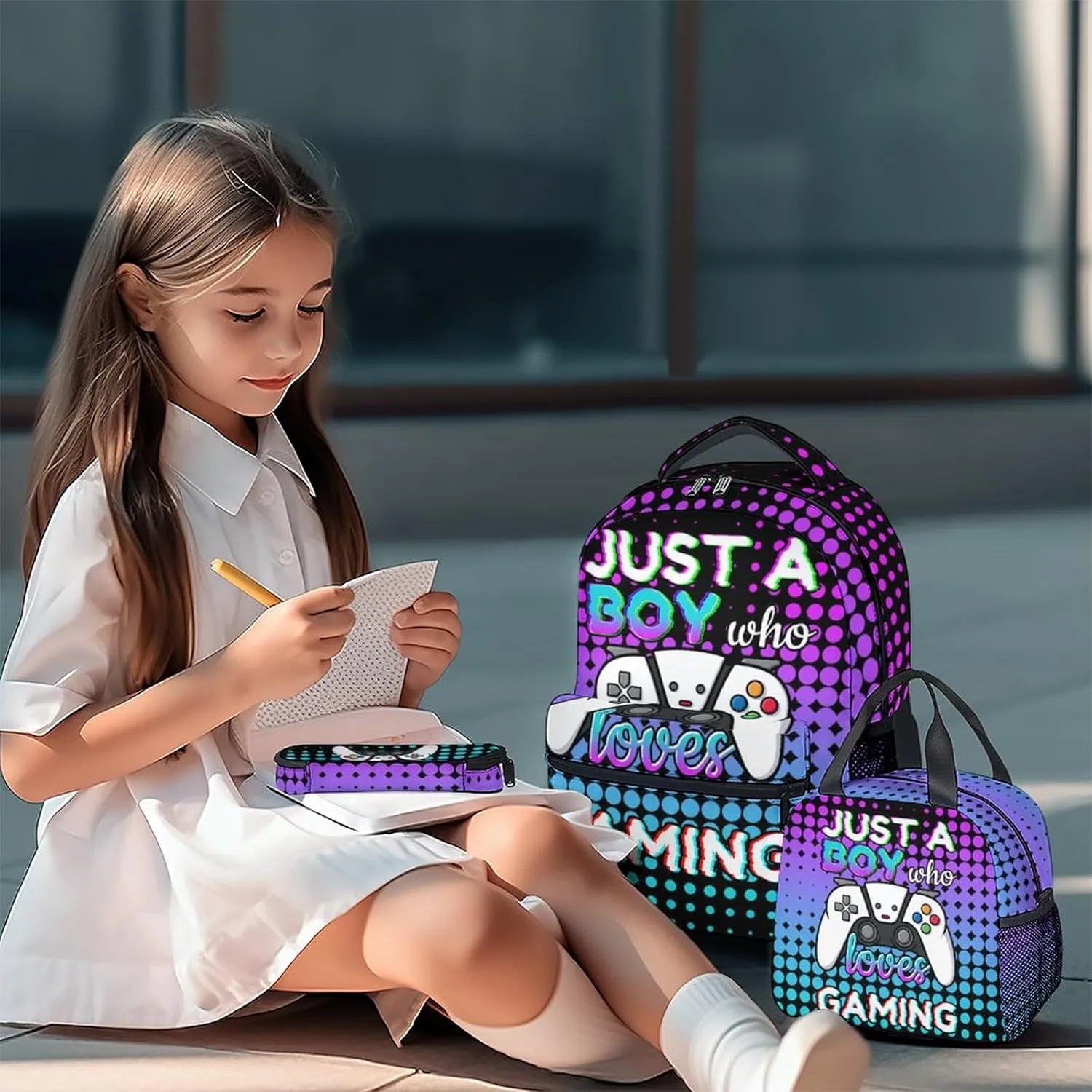 Gamer Backpack with Lunch Box, Set of 3 School Backpacks Matching Combo, Cool Gaming Bookbag and Pencil Case Bundle