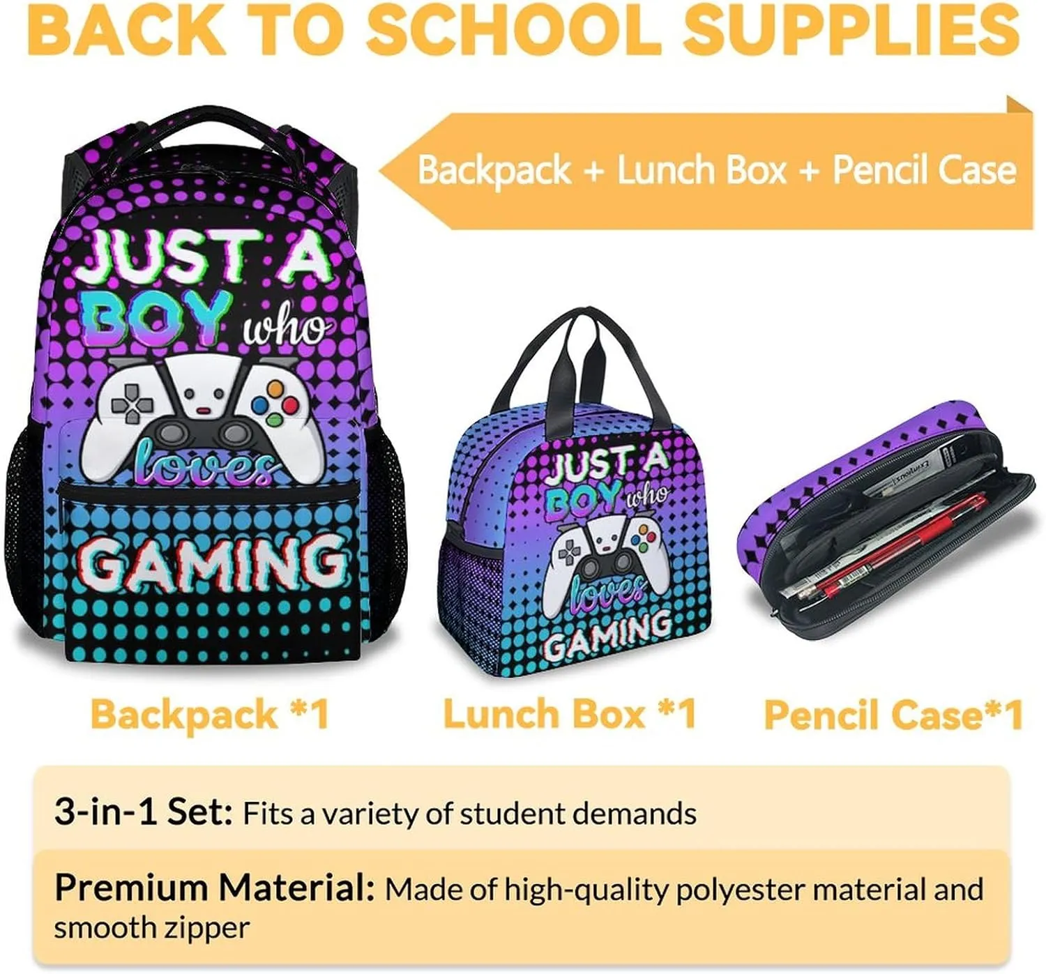 Gamer Backpack with Lunch Box, Set of 3 School Backpacks Matching Combo, Cool Gaming Bookbag and Pencil Case Bundle