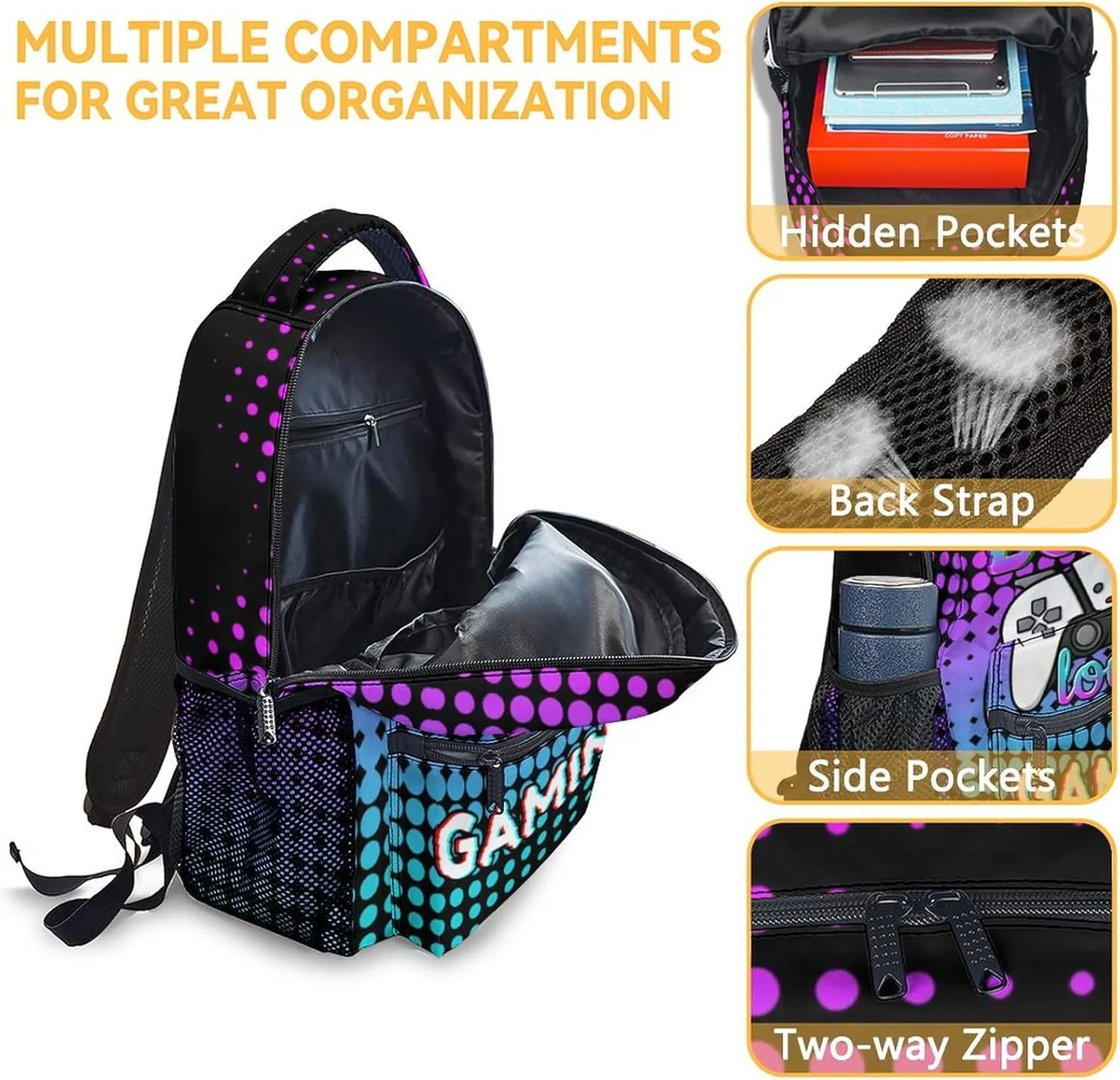 Gamer Backpack with Lunch Box, Set of 3 School Backpacks Matching Combo, Cool Gaming Bookbag and Pencil Case Bundle