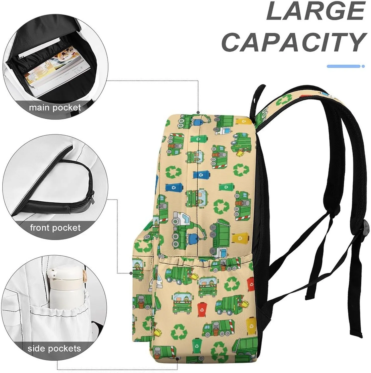 Garbage Trucks Backpack for Kids Boys 16.5 Inch Toddler Backpacks Cartoon Garbage Trucks Schoolbag