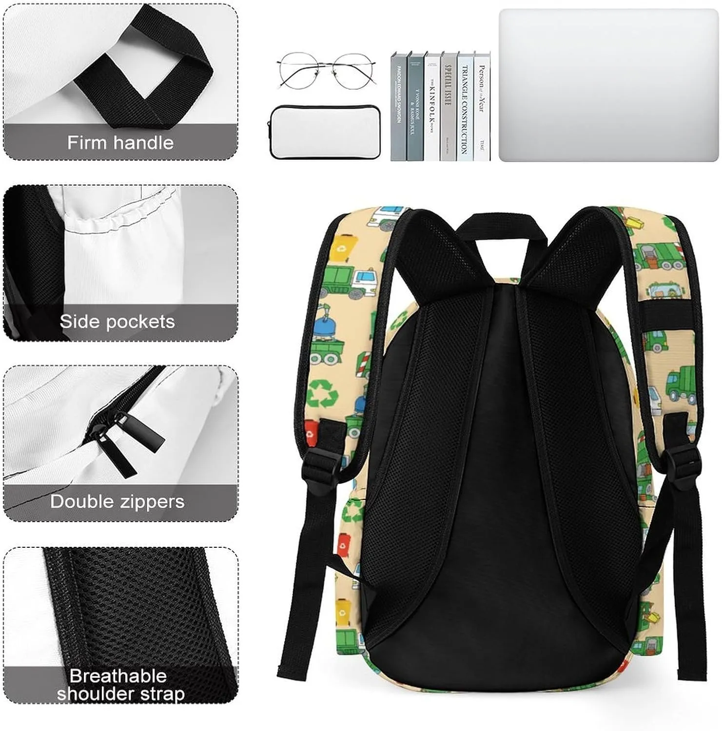 Garbage Trucks Backpack for Kids Boys 16.5 Inch Toddler Backpacks Cartoon Garbage Trucks Schoolbag