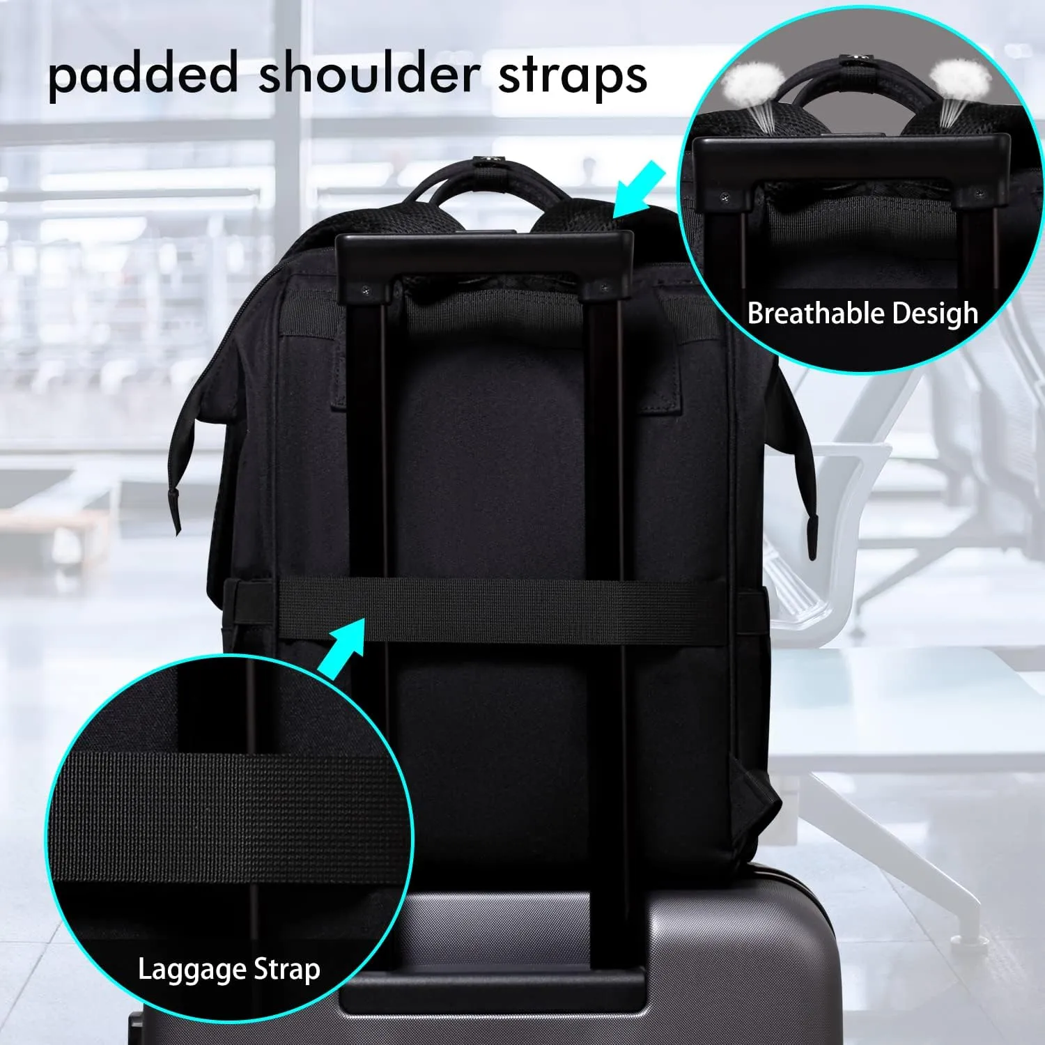 Gatycallaty Nursing Backpack, Black Color, 10.6"L x 7.6"W x 16.4"H, 20L Capacity, 2 Compartments and 12 Pockets, Ideal for Women Nurses, Commuter, Clinical and Travel Use