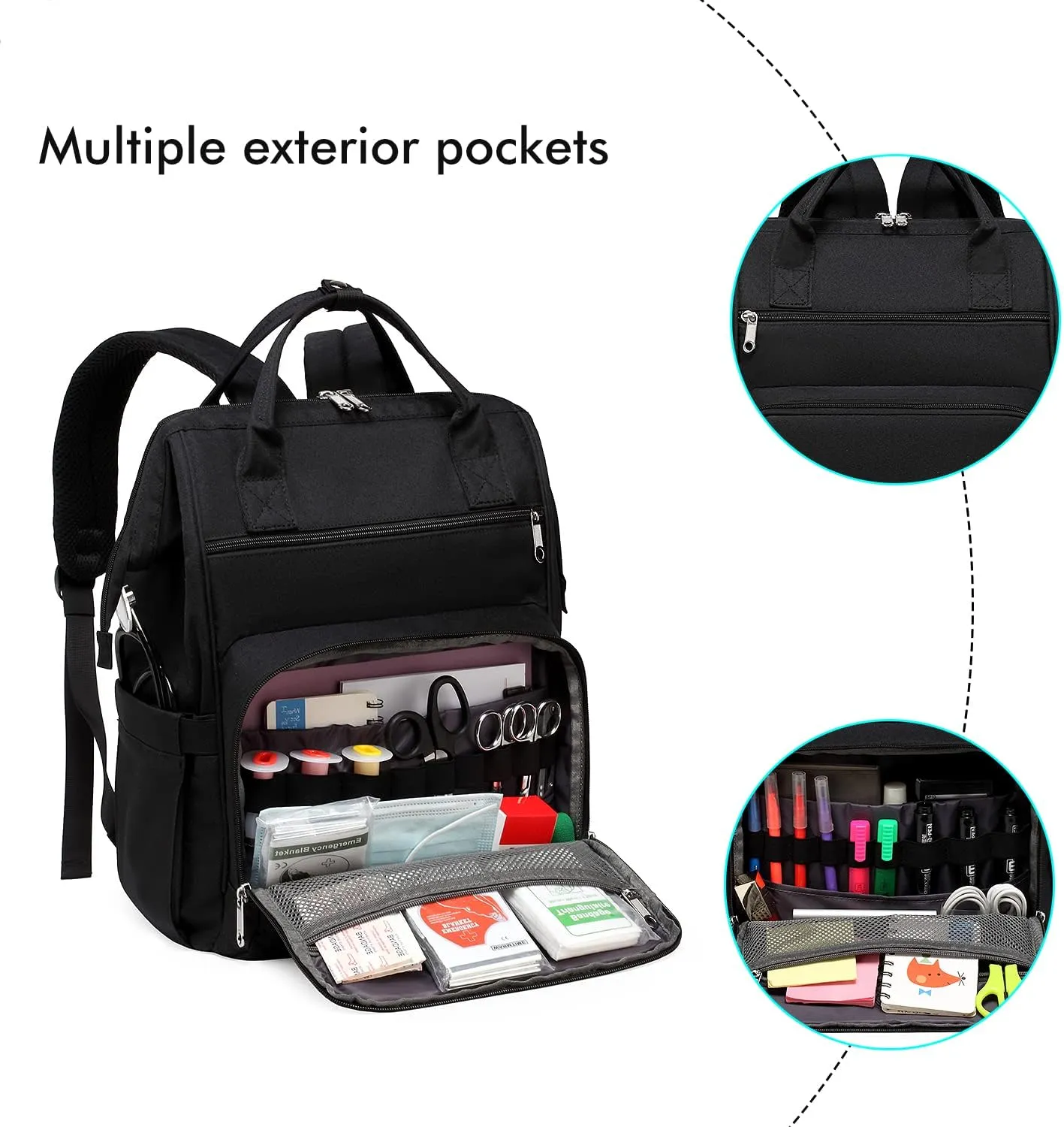 Gatycallaty Nursing Backpack, Black Color, 10.6"L x 7.6"W x 16.4"H, 20L Capacity, 2 Compartments and 12 Pockets, Ideal for Women Nurses, Commuter, Clinical and Travel Use