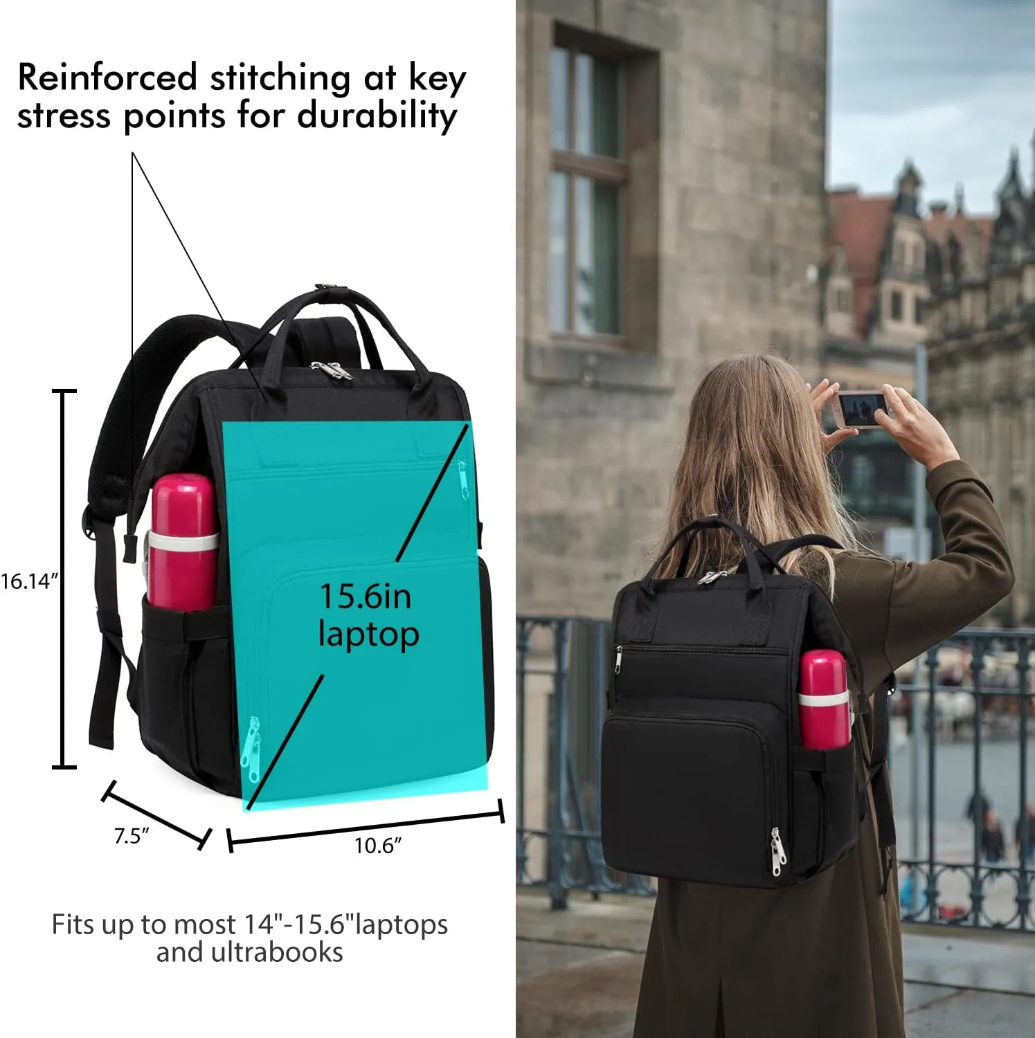 Gatycallaty Nursing Backpack, Black Color, 10.6"L x 7.6"W x 16.4"H, 20L Capacity, 2 Compartments and 12 Pockets, Ideal for Women Nurses, Commuter, Clinical and Travel Use