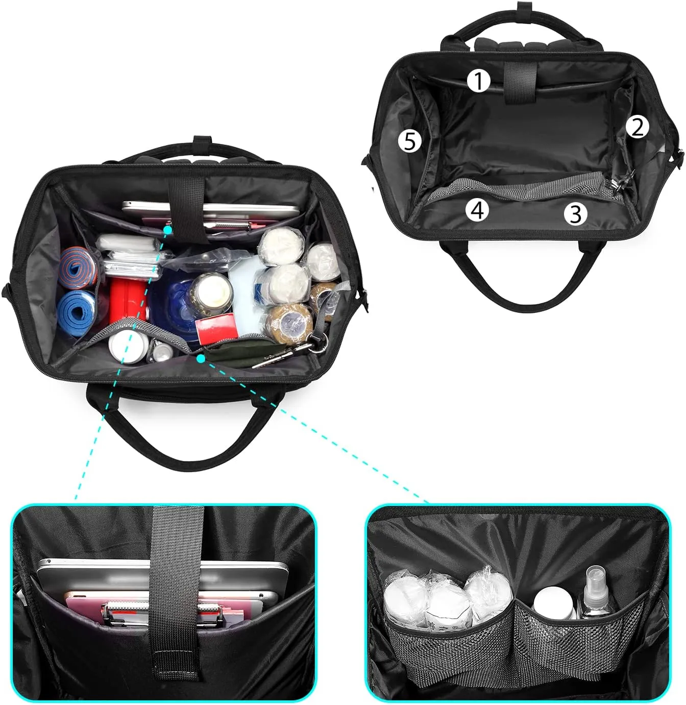 Gatycallaty Nursing Backpack, Black Color, 10.6"L x 7.6"W x 16.4"H, 20L Capacity, 2 Compartments and 12 Pockets, Ideal for Women Nurses, Commuter, Clinical and Travel Use