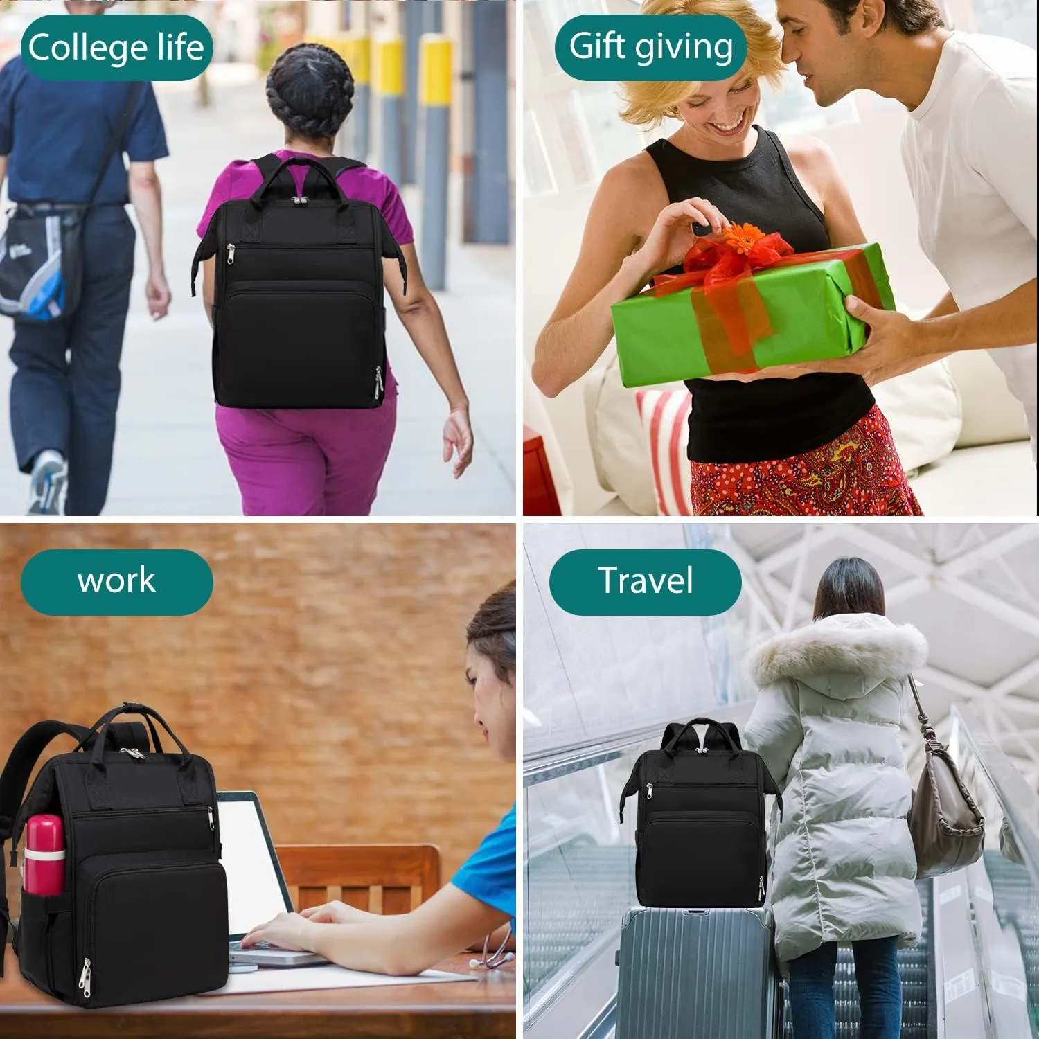 Gatycallaty Nursing Backpack, Black Color, 10.6"L x 7.6"W x 16.4"H, 20L Capacity, 2 Compartments and 12 Pockets, Ideal for Women Nurses, Commuter, Clinical and Travel Use