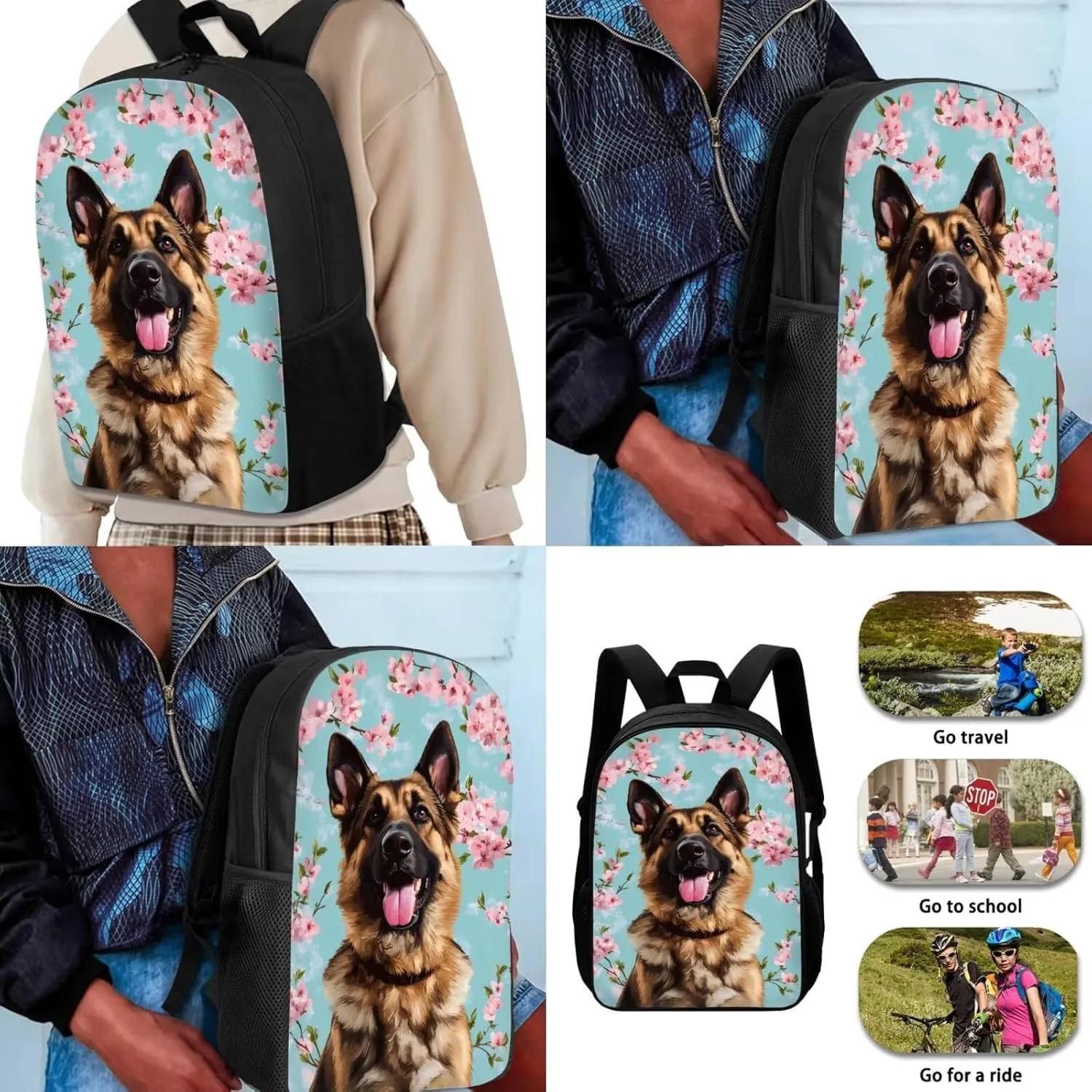 German Shepherd Backpack with Lunch Box Set for Girls 10-12/8-12/8-10 Dog Kids Bookbags for 5th Grade and Lunch Bag Cherry Blossom Middle School Back Pack Lunchbox Pencil Case Preppy