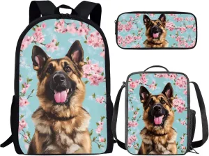 German Shepherd Backpack with Lunch Box Set for Girls 10-12/8-12/8-10 Dog Kids Bookbags for 5th Grade and Lunch Bag Cherry Blossom Middle School Back Pack Lunchbox Pencil Case Preppy
