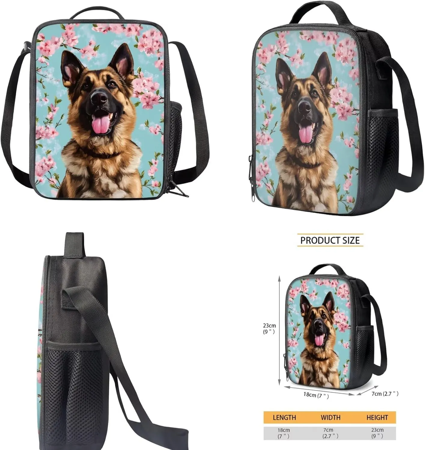 German Shepherd Backpack with Lunch Box Set for Girls 10-12/8-12/8-10 Dog Kids Bookbags for 5th Grade and Lunch Bag Cherry Blossom Middle School Back Pack Lunchbox Pencil Case Preppy