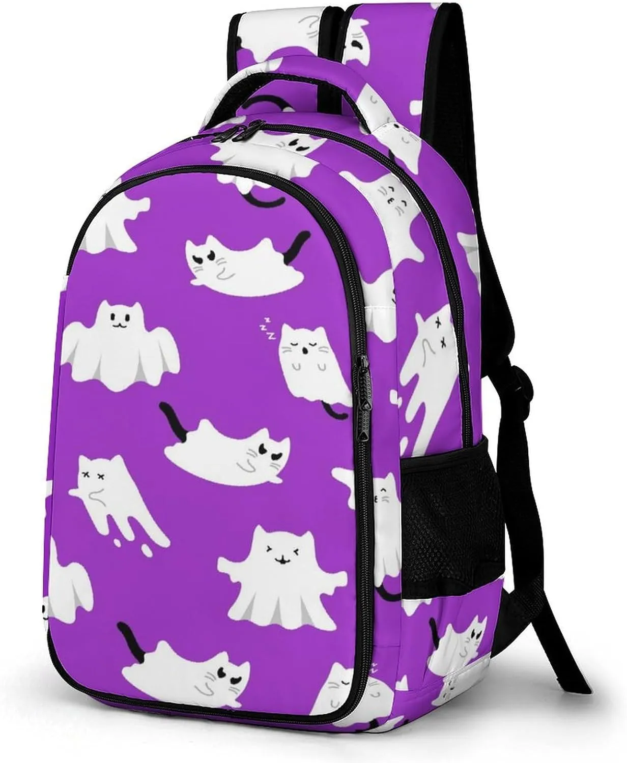 Ghost Cat Purple Large Travel Backpack Cute Halloween Pattern Bags Daypack Laptop Work Computer Hiking Back Packs with Multiple Pockets