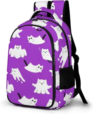 Ghost Cat Purple Large Travel Backpack Cute Halloween Pattern Bags Daypack Laptop Work Computer Hiking Back Packs with Multiple Pockets