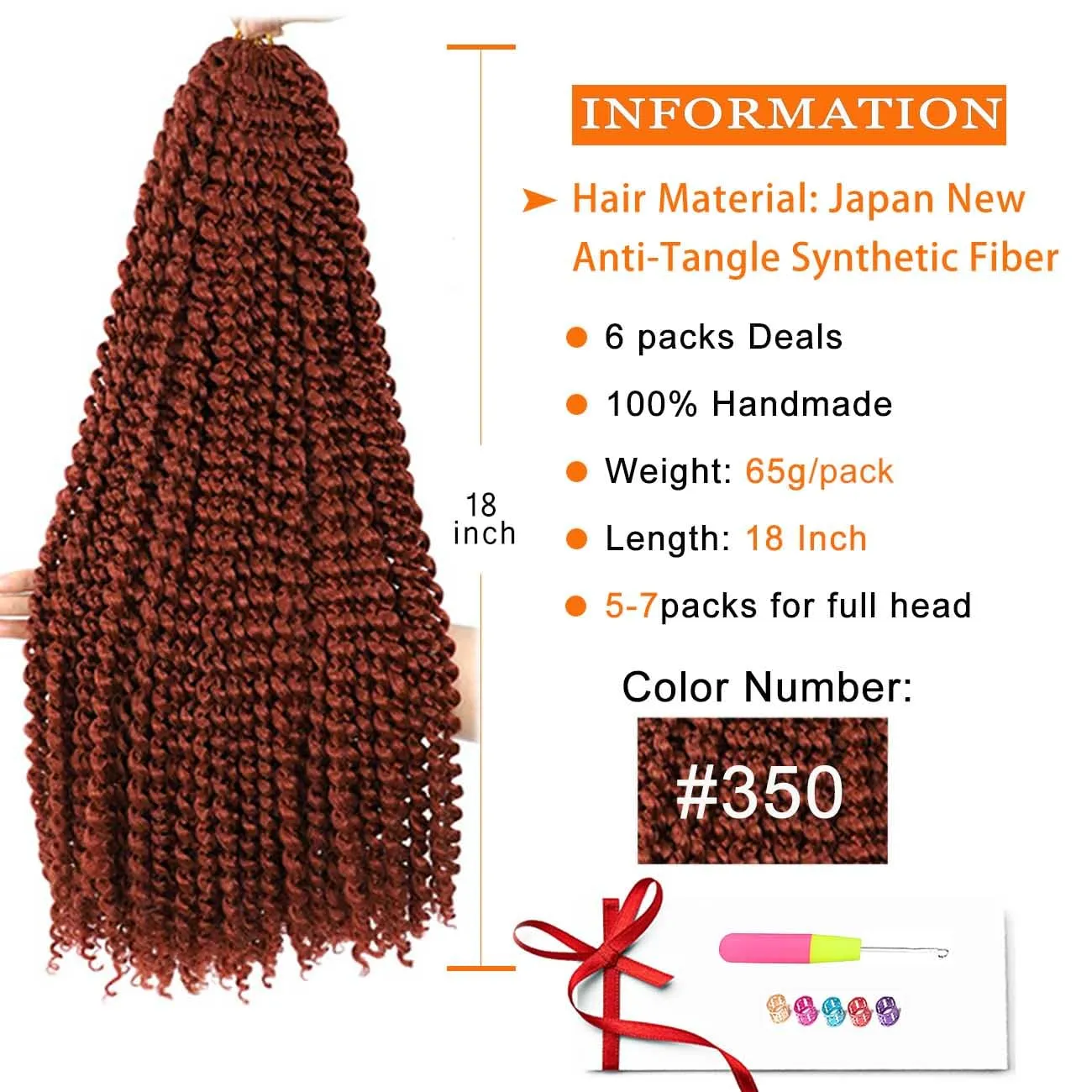 Ginger Passion Twist Hair 18 Inch 6 Packs Copper Red Water Wave Crochet Hair for Butterfly Locs Passion Twists Long Bohemian Braiding Protective Style Hair Extensions (18 Inch, 6 Packs, 350#)