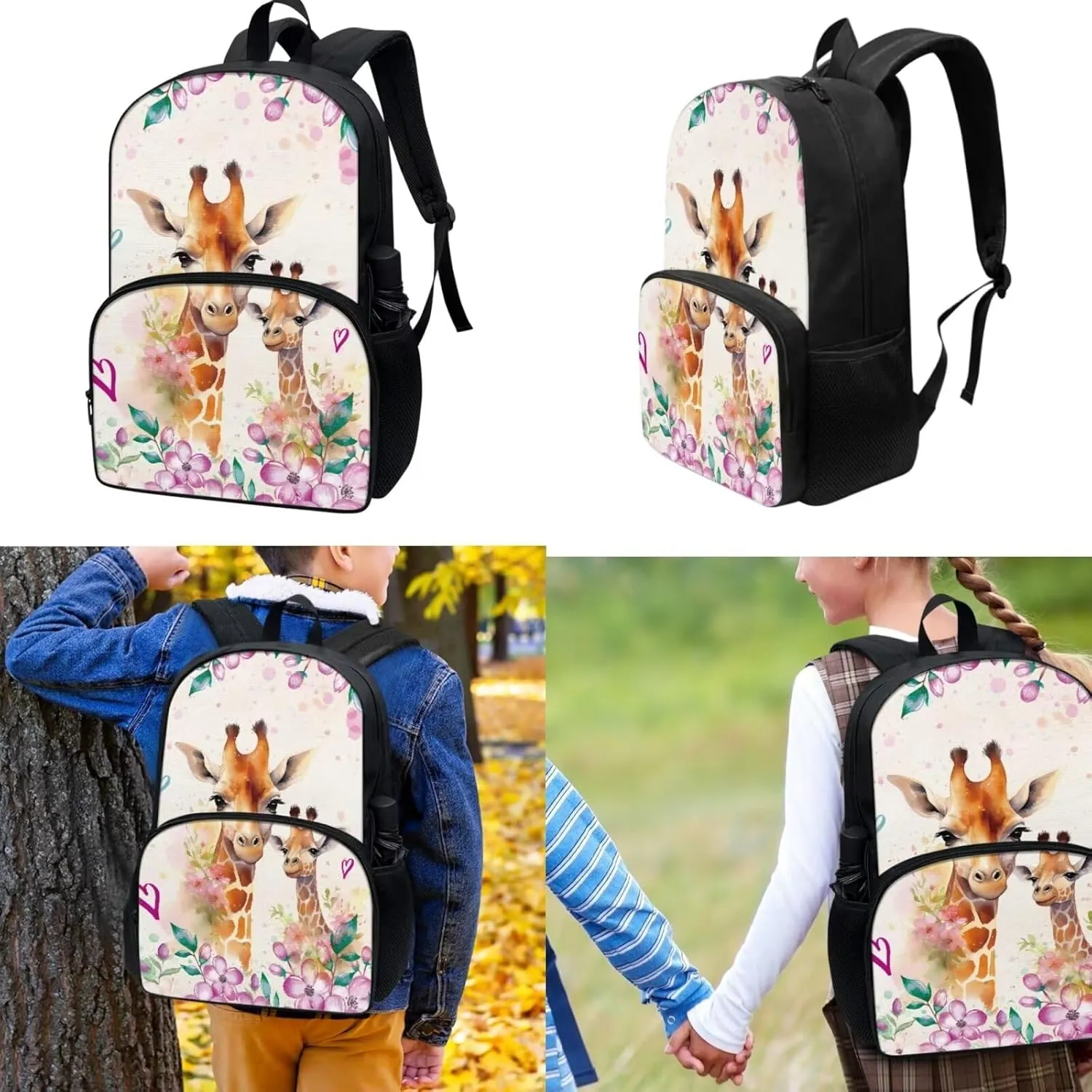 Giraffe Book Bags for Girls, 17 Inch Yellow Backpacks for Kids, Travel Picnic for Lunch Bag Pen Case 3 Pcs for Child Acceptable Customized