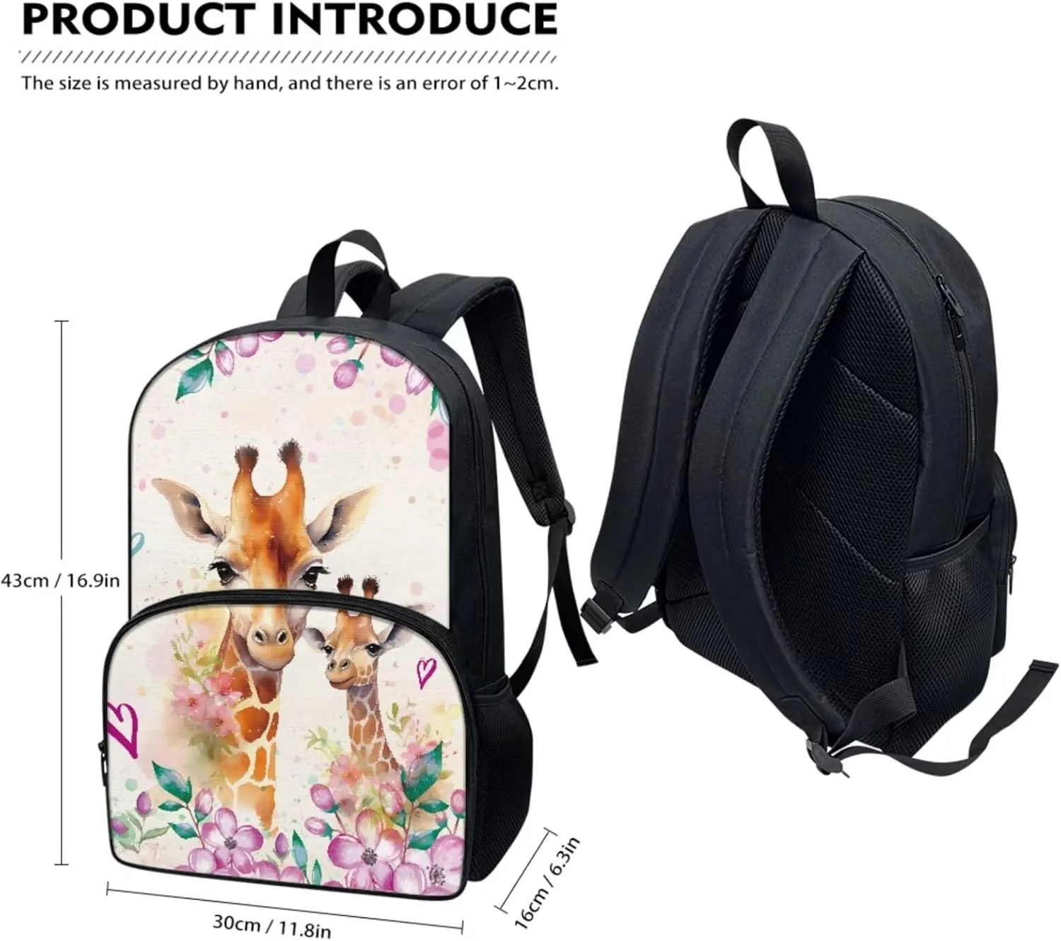 Giraffe Book Bags for Girls, 17 Inch Yellow Backpacks for Kids, Travel Picnic for Lunch Bag Pen Case 3 Pcs for Child Acceptable Customized
