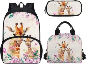 Giraffe Book Bags for Girls, 17 Inch Yellow Backpacks for Kids, Travel Picnic for Lunch Bag Pen Case 3 Pcs for Child Acceptable Customized