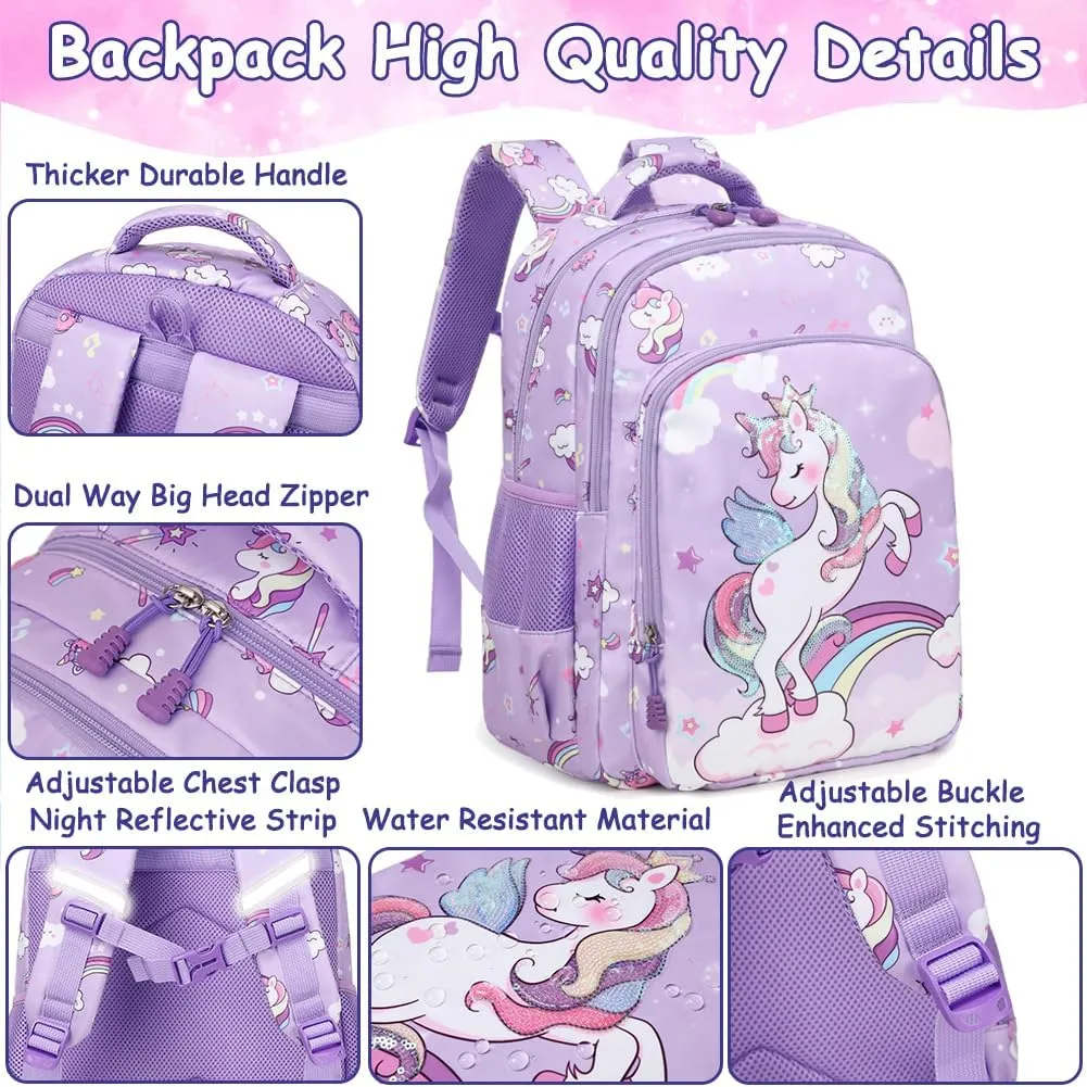 Girls Backpack for Elementary Kids School Bookbag Set Cute Unicorn Backpacks for Girls Water Resistant
