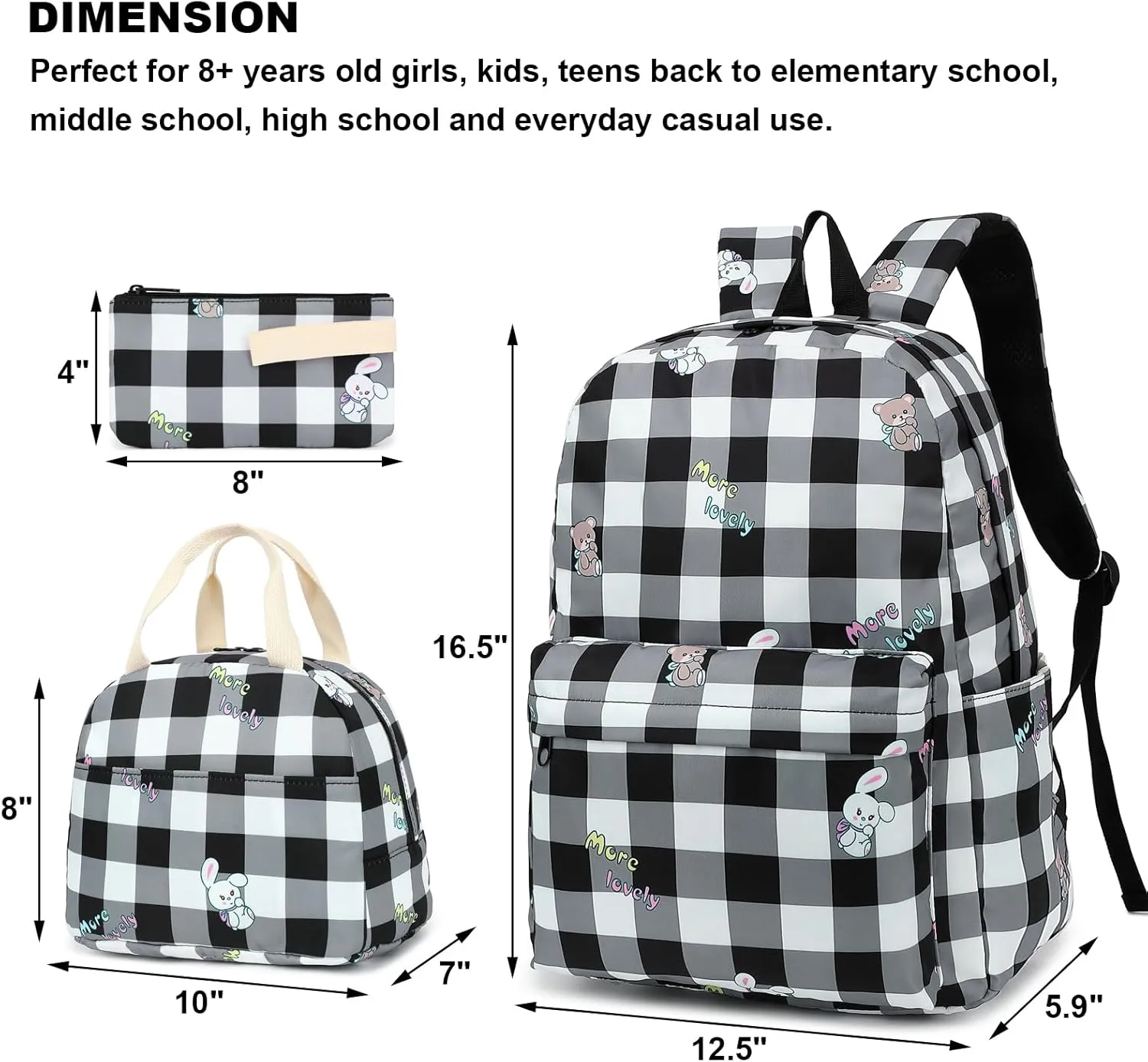 Girls School Backpacks for Kids Teens, 3-in-1 School Bag Bookbags Set with Lunch Bag Pencil Case