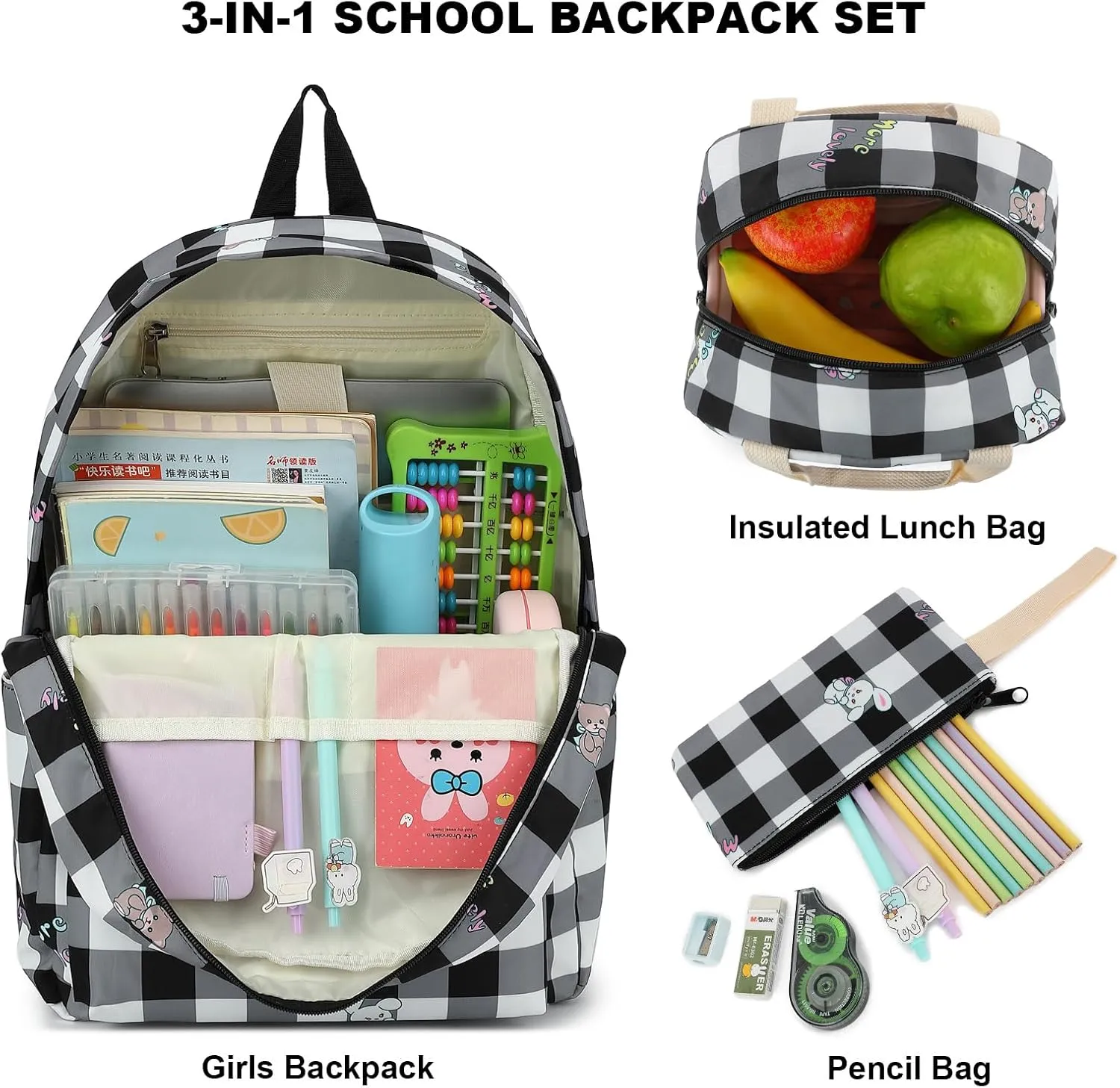 Girls School Backpacks for Kids Teens, 3-in-1 School Bag Bookbags Set with Lunch Bag Pencil Case