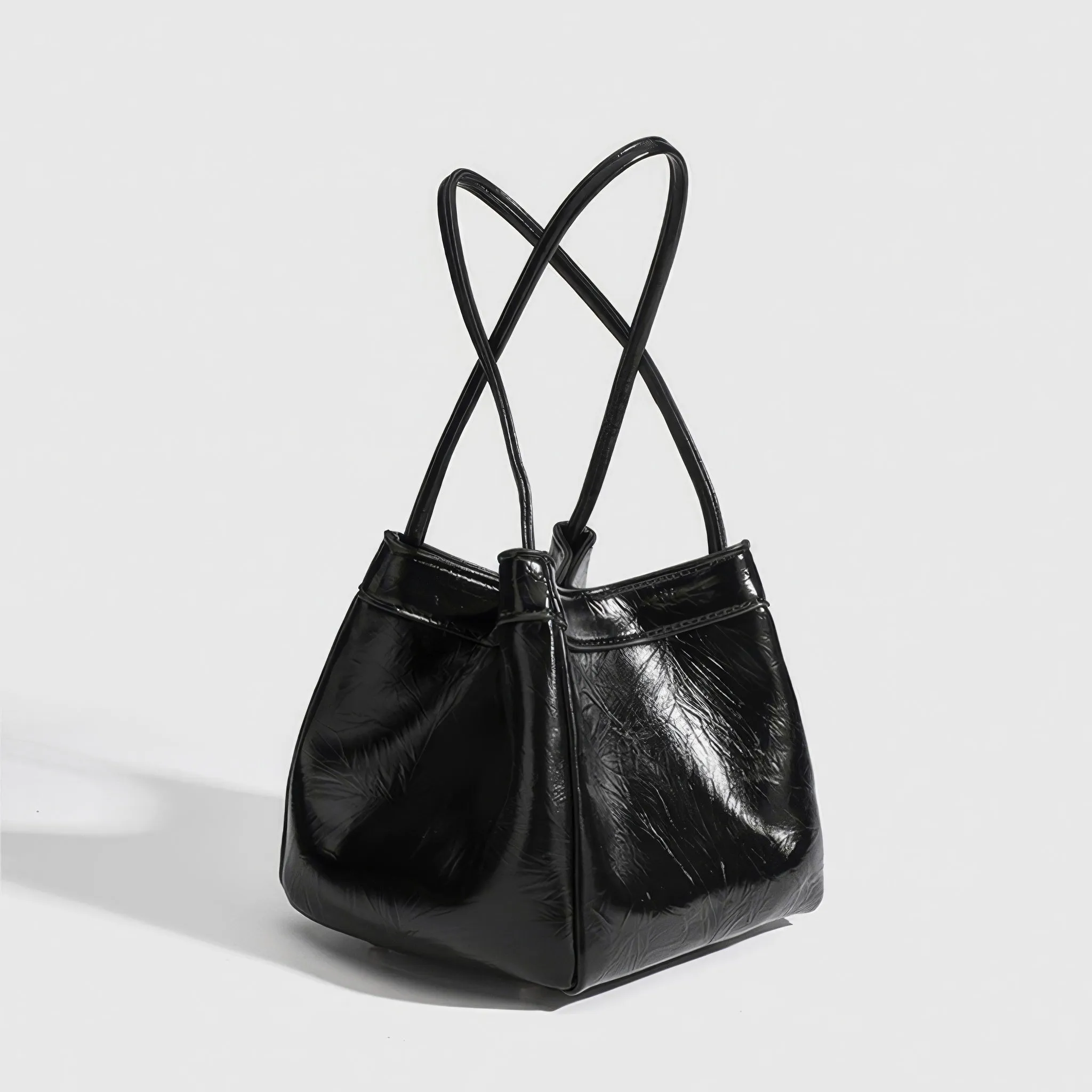 Glossy Crinkle Textured Drawstring Tote Bag
