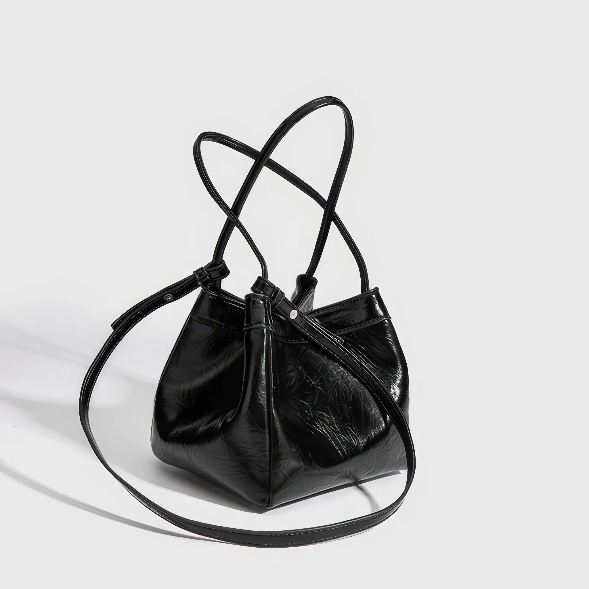 Glossy Crinkle Textured Drawstring Tote Bag