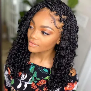 Goddess Box Braids Crochet Hair 10 Inch Bohemian Box Braids Crochet Hair with Curly Ends Boho 3X Synthetic Crochet Braiding Hair for Women (8 pack, 1b#)