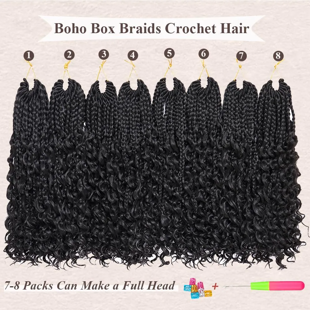 Goddess Box Braids Crochet Hair 10 Inch Bohemian Box Braids Crochet Hair with Curly Ends Boho 3X Synthetic Crochet Braiding Hair for Women (8 pack, 1b#)
