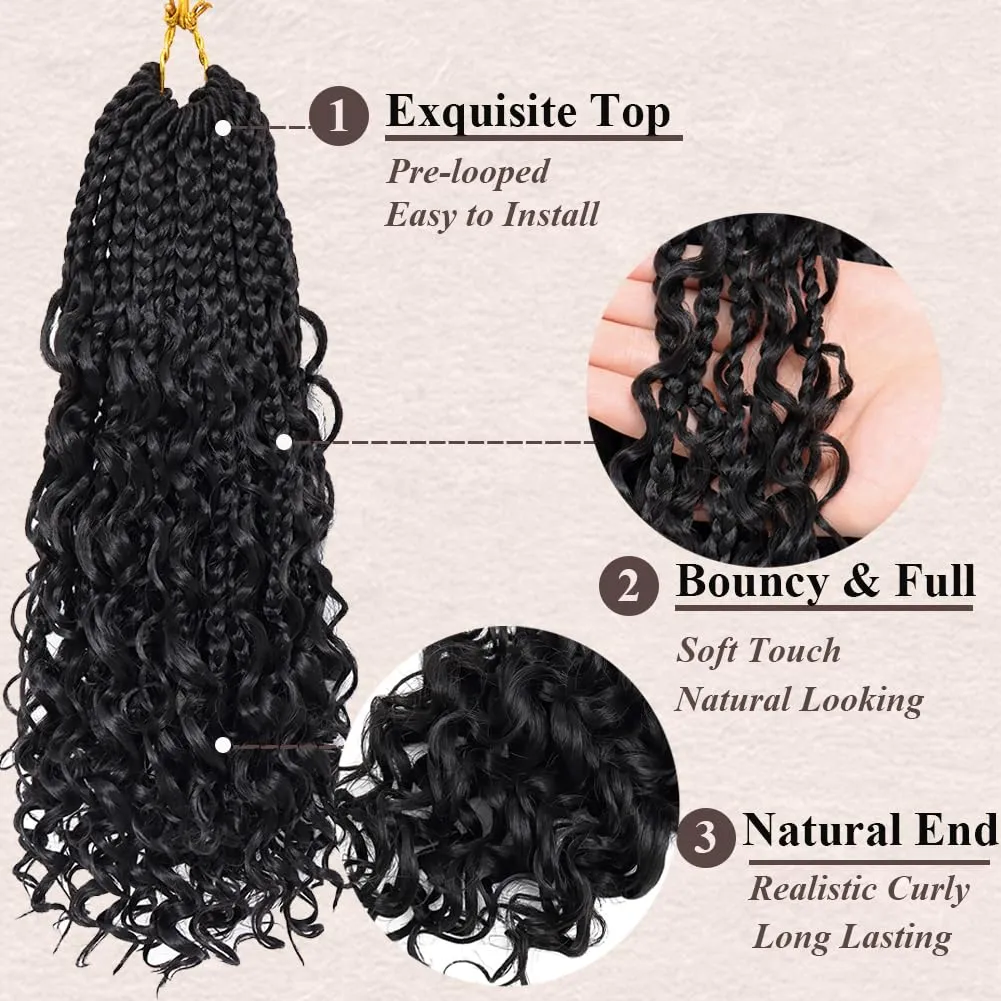 Goddess Box Braids Crochet Hair 10 Inch Bohemian Box Braids Crochet Hair with Curly Ends Boho 3X Synthetic Crochet Braiding Hair for Women (8 pack, 1b#)