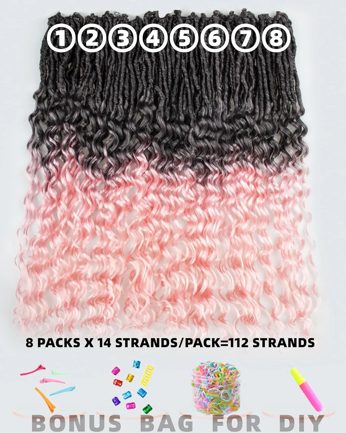 Goddess Faux Locs Crochet Hair - 24 Inches 8 Packs 112 Strands Pre Looped Ombre Black to Pink Synthetic Hair Extensions, Soft Goddess Locs Braids with Long Deep Wave Curly Ends(24"-8 Packs,T1B/Pink)