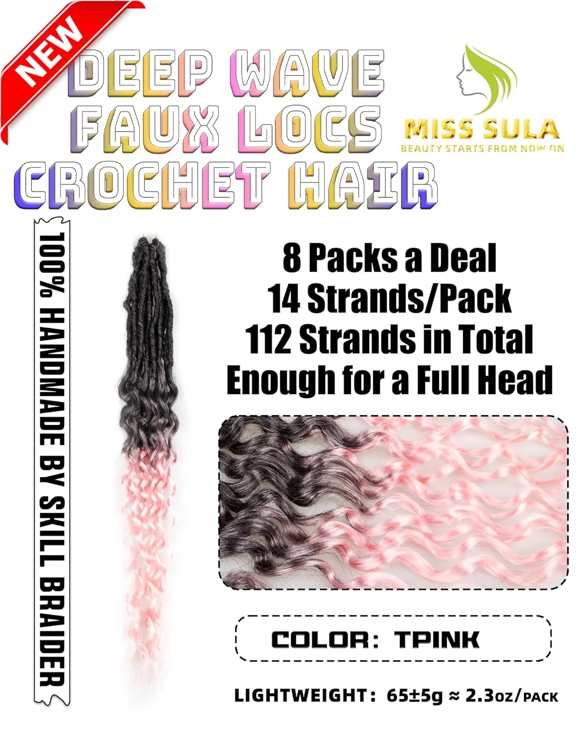 Goddess Faux Locs Crochet Hair - 24 Inches 8 Packs 112 Strands Pre Looped Ombre Black to Pink Synthetic Hair Extensions, Soft Goddess Locs Braids with Long Deep Wave Curly Ends(24"-8 Packs,T1B/Pink)