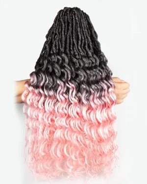 Goddess Faux Locs Crochet Hair - 24 Inches 8 Packs 112 Strands Pre Looped Ombre Black to Pink Synthetic Hair Extensions, Soft Goddess Locs Braids with Long Deep Wave Curly Ends(24"-8 Packs,T1B/Pink)