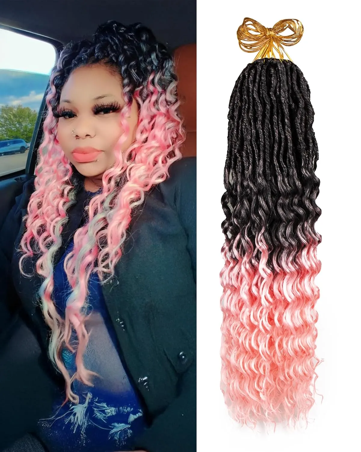 Goddess Faux Locs Crochet Hair - 24 Inches 8 Packs 112 Strands Pre Looped Ombre Black to Pink Synthetic Hair Extensions, Soft Goddess Locs Braids with Long Deep Wave Curly Ends(24"-8 Packs,T1B/Pink)