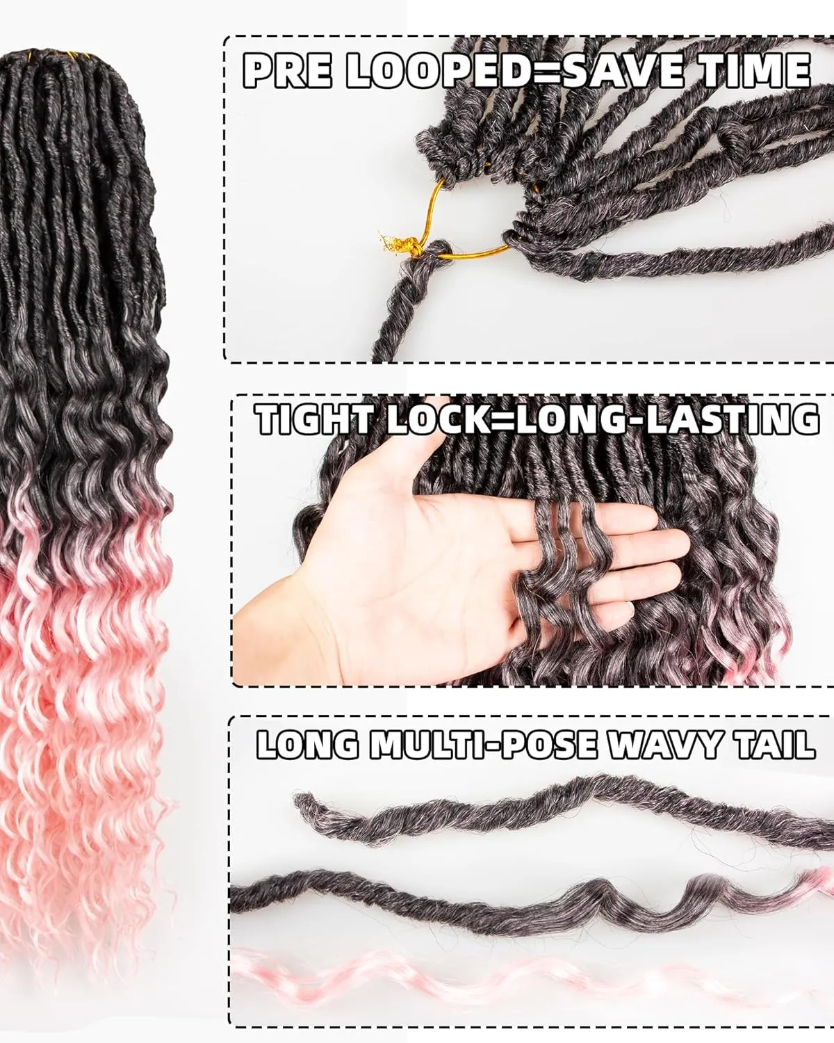 Goddess Faux Locs Crochet Hair - 24 Inches 8 Packs 112 Strands Pre Looped Ombre Black to Pink Synthetic Hair Extensions, Soft Goddess Locs Braids with Long Deep Wave Curly Ends(24"-8 Packs,T1B/Pink)