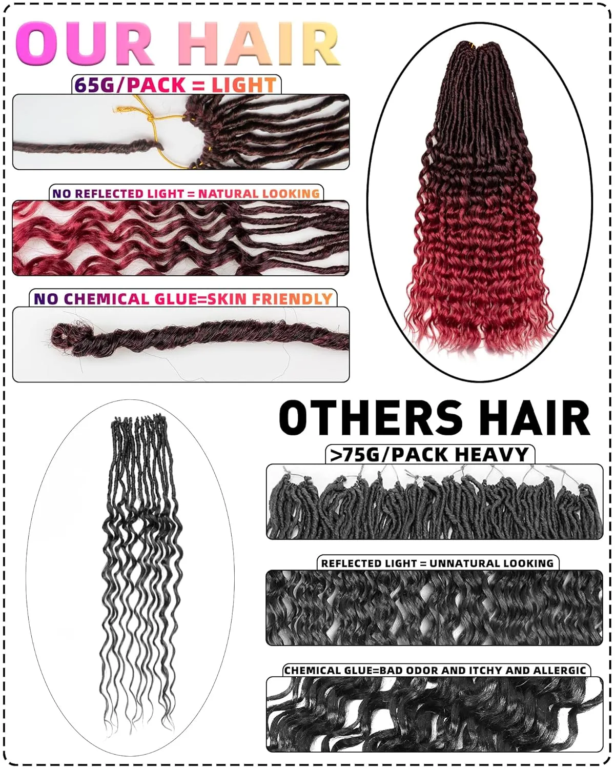 Goddess Faux Locs Crochet Hair -24 Inches 8 Packs 112 Strands Pre Looped Ombre Burgundy Synthetic Hair Extensions,Soft Goddess Locs Braids with Long Deep Wave Curly Ends(24"-8 Packs,T1B/Bug)