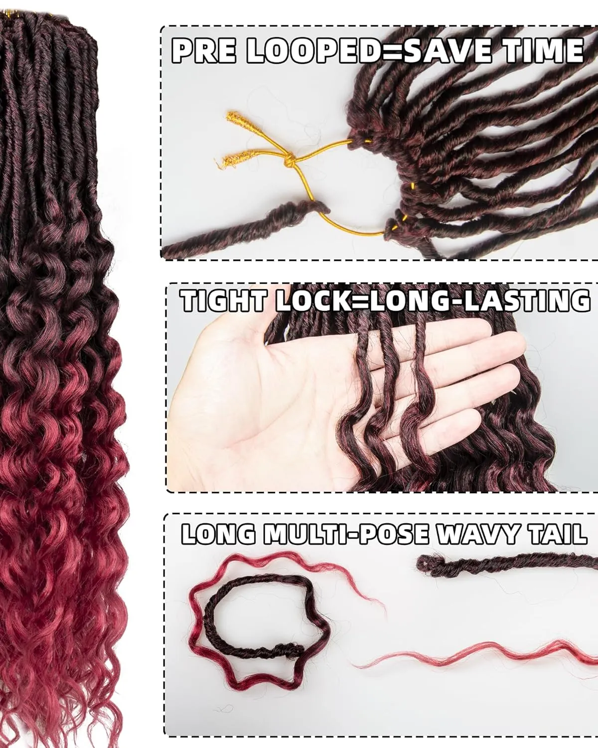 Goddess Faux Locs Crochet Hair -24 Inches 8 Packs 112 Strands Pre Looped Ombre Burgundy Synthetic Hair Extensions,Soft Goddess Locs Braids with Long Deep Wave Curly Ends(24"-8 Packs,T1B/Bug)