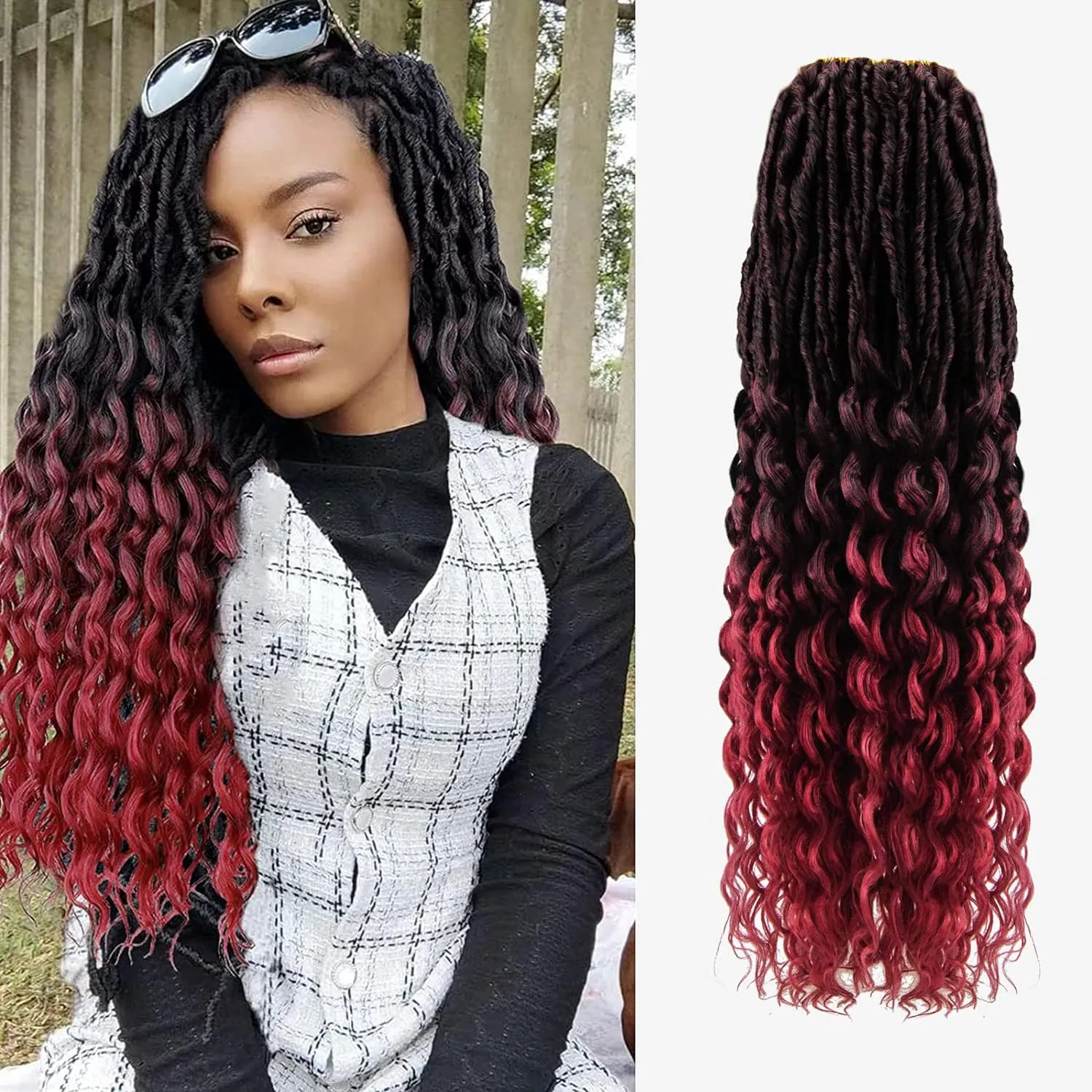 Goddess Faux Locs Crochet Hair -24 Inches 8 Packs 112 Strands Pre Looped Ombre Burgundy Synthetic Hair Extensions,Soft Goddess Locs Braids with Long Deep Wave Curly Ends(24"-8 Packs,T1B/Bug)